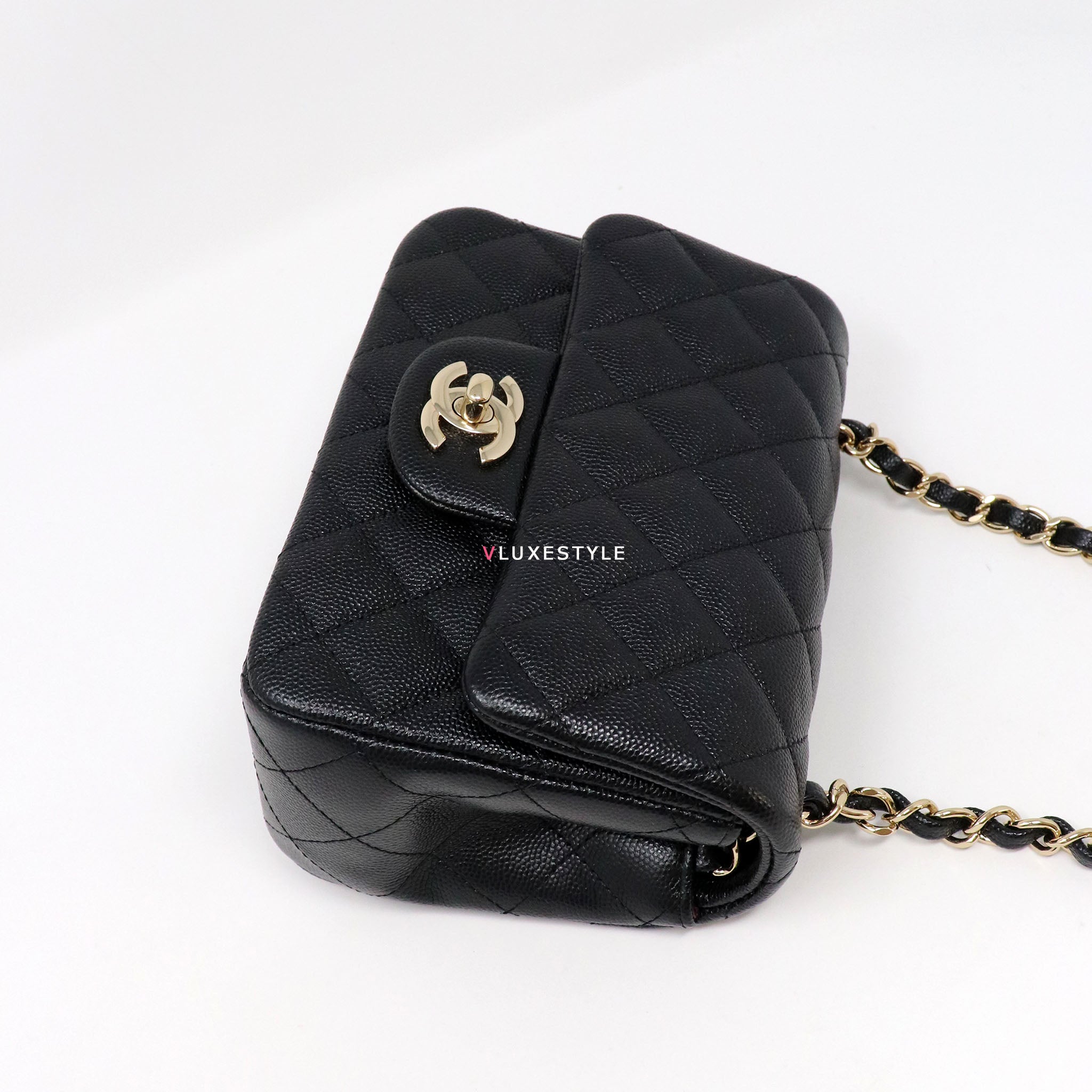 Classic Mini Square 17B Black Quilted Caviar with light gold hardware