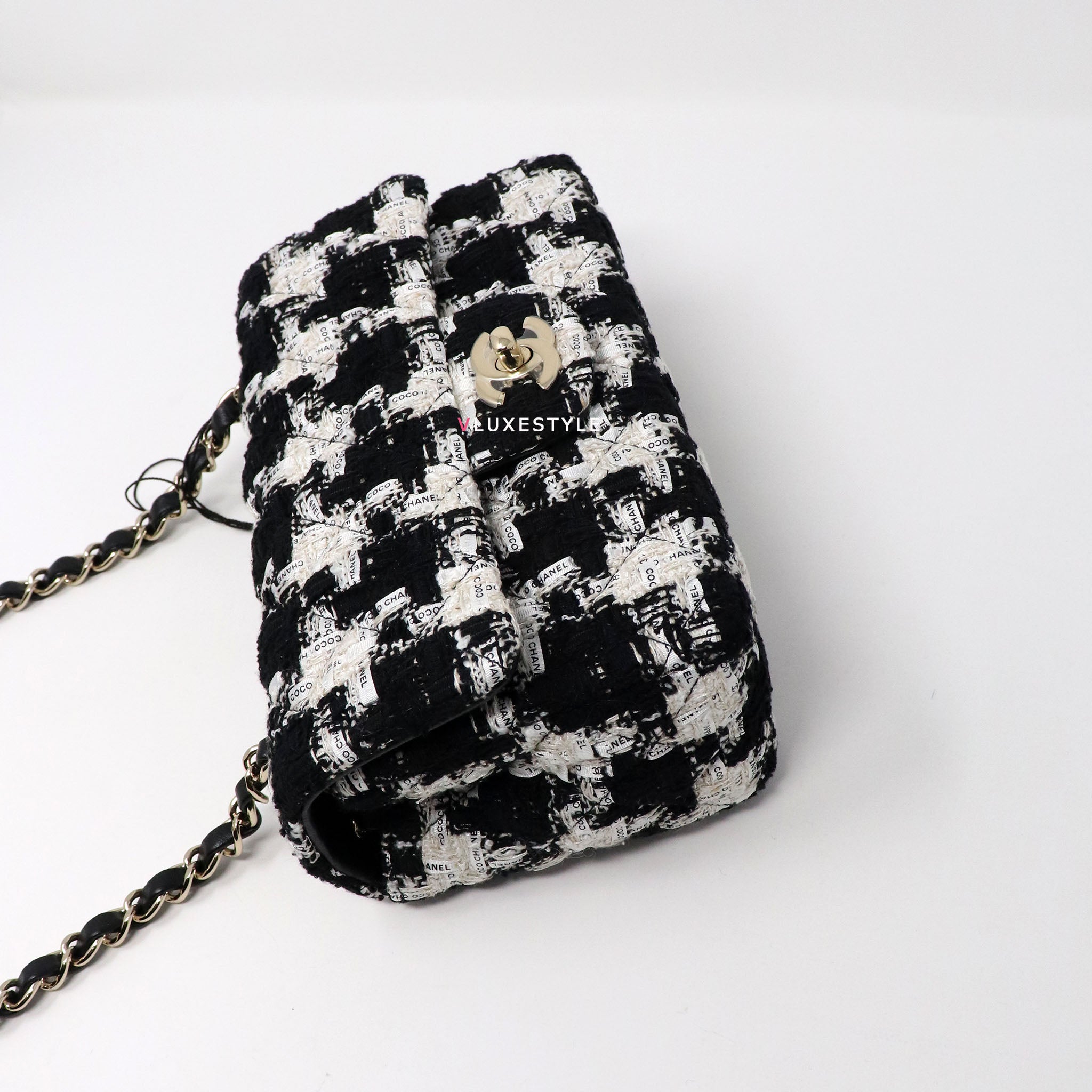 Chanel 20S Mini Rectangular Ecru, Black & White Tweed and light gold  hardware