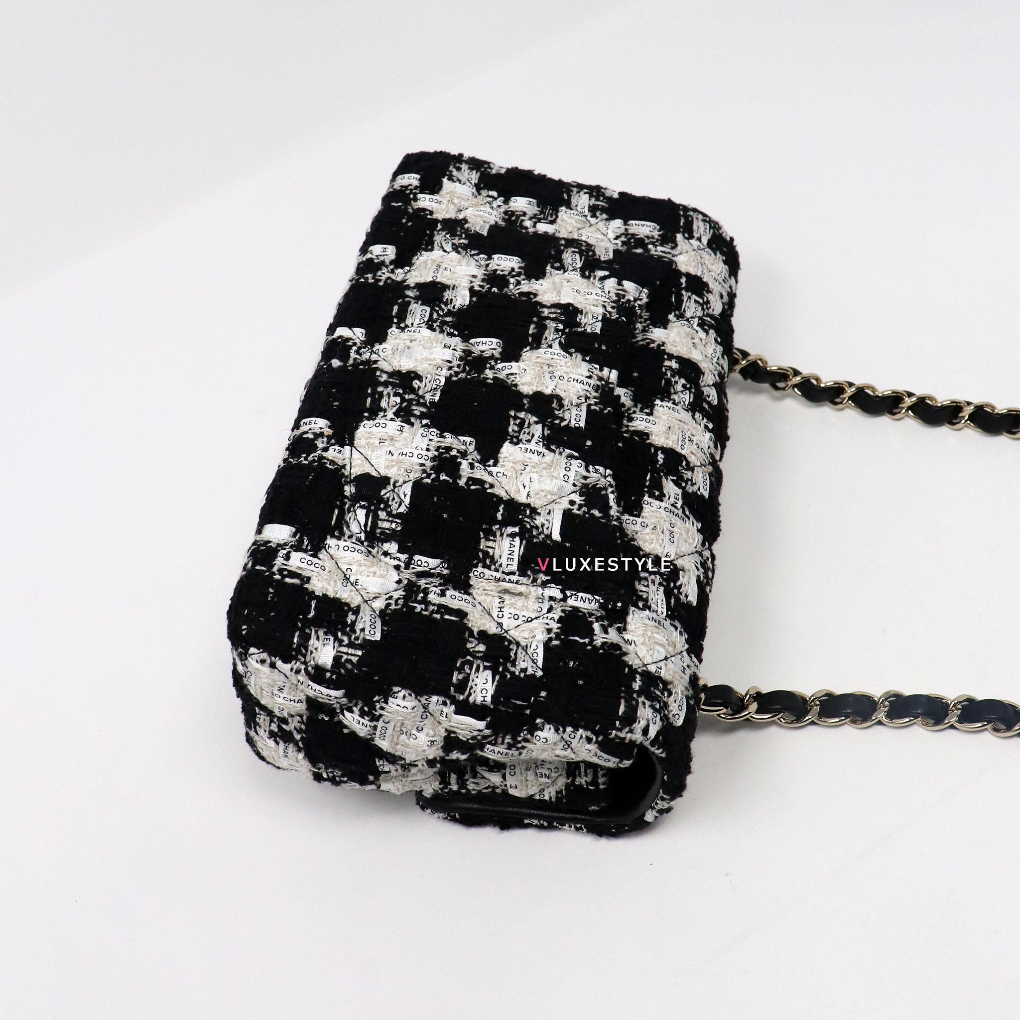 Chanel 20S Mini Rectangular Ecru, Black & White Tweed and light gold  hardware