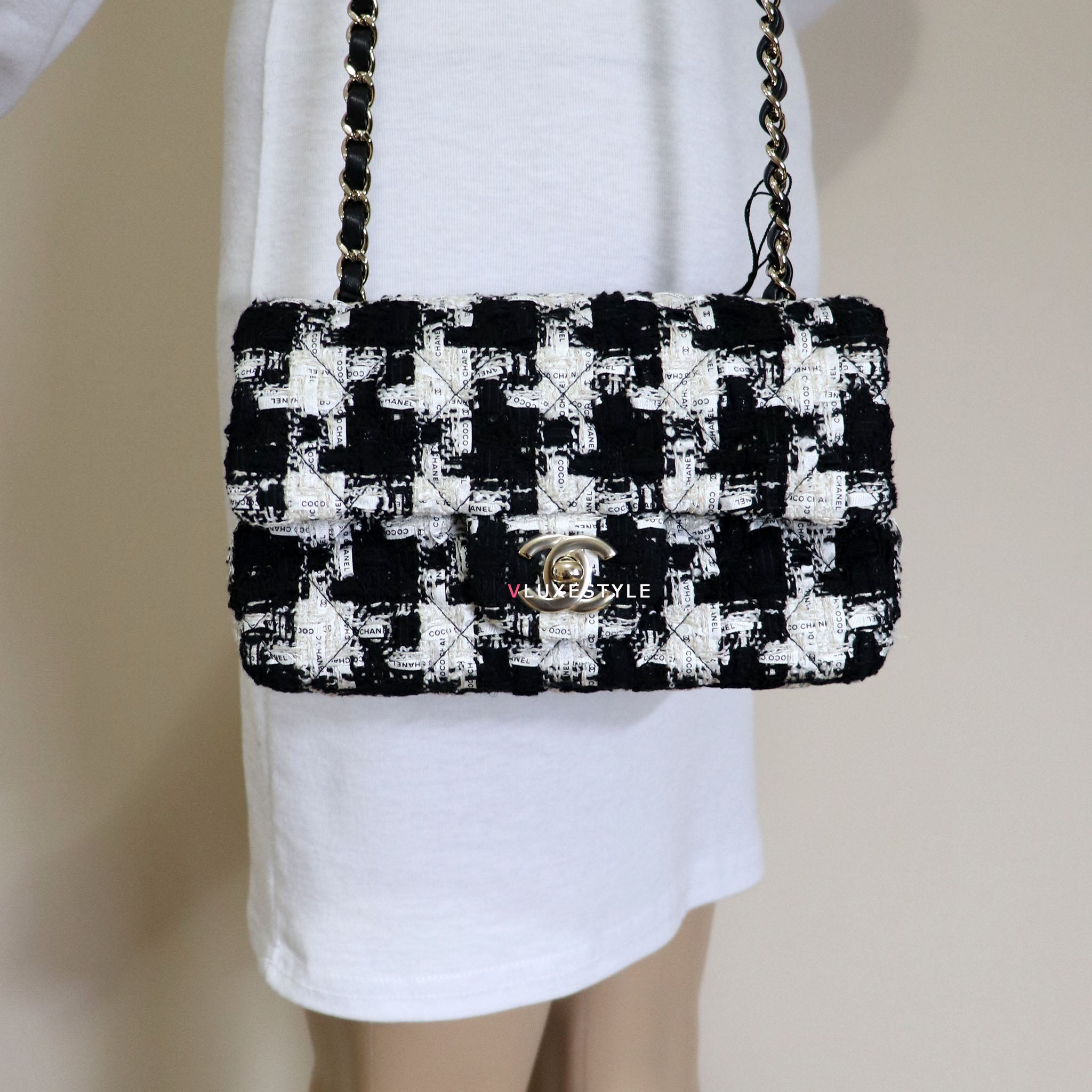 Chanel 20S Mini Rectangular Ecru, Black & White Tweed and light gold  hardware