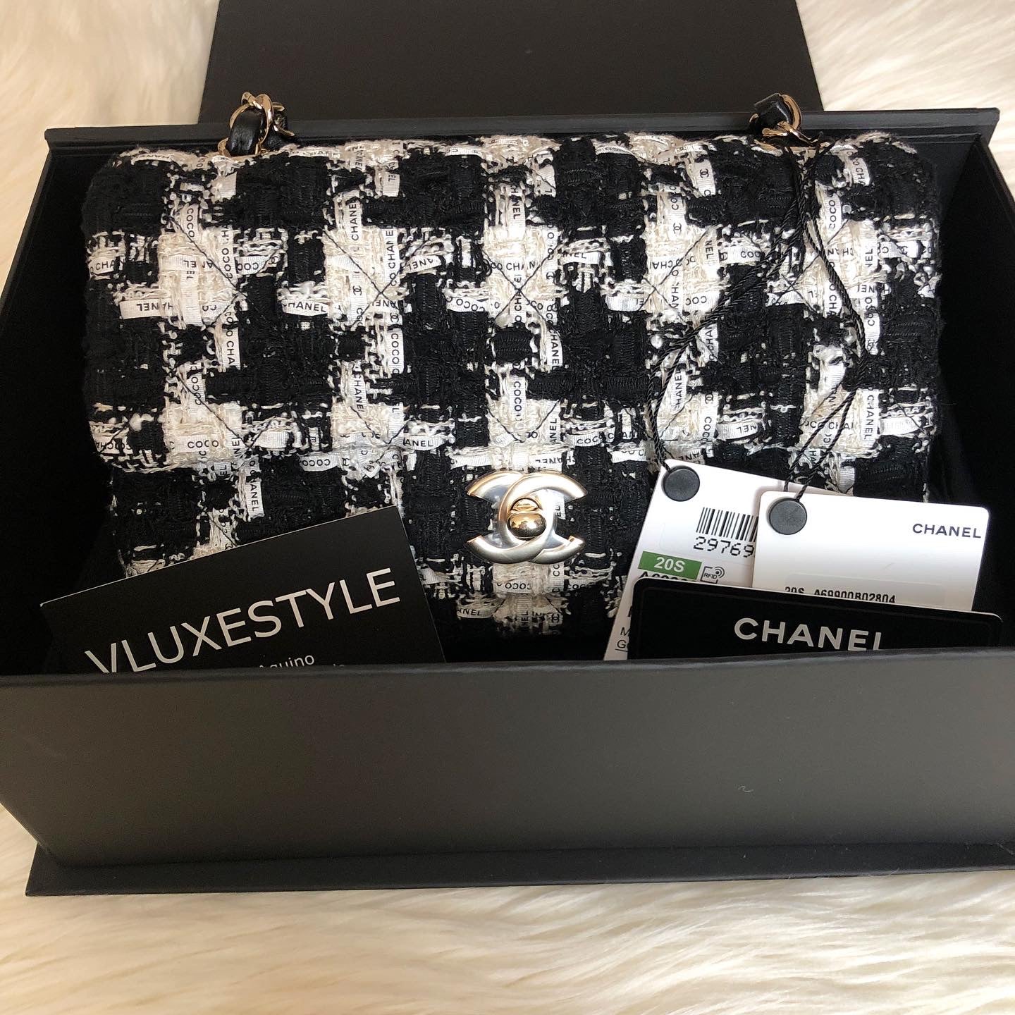 Chanel 20S Mini Rectangular Ecru, Black & White Tweed and light gold  hardware