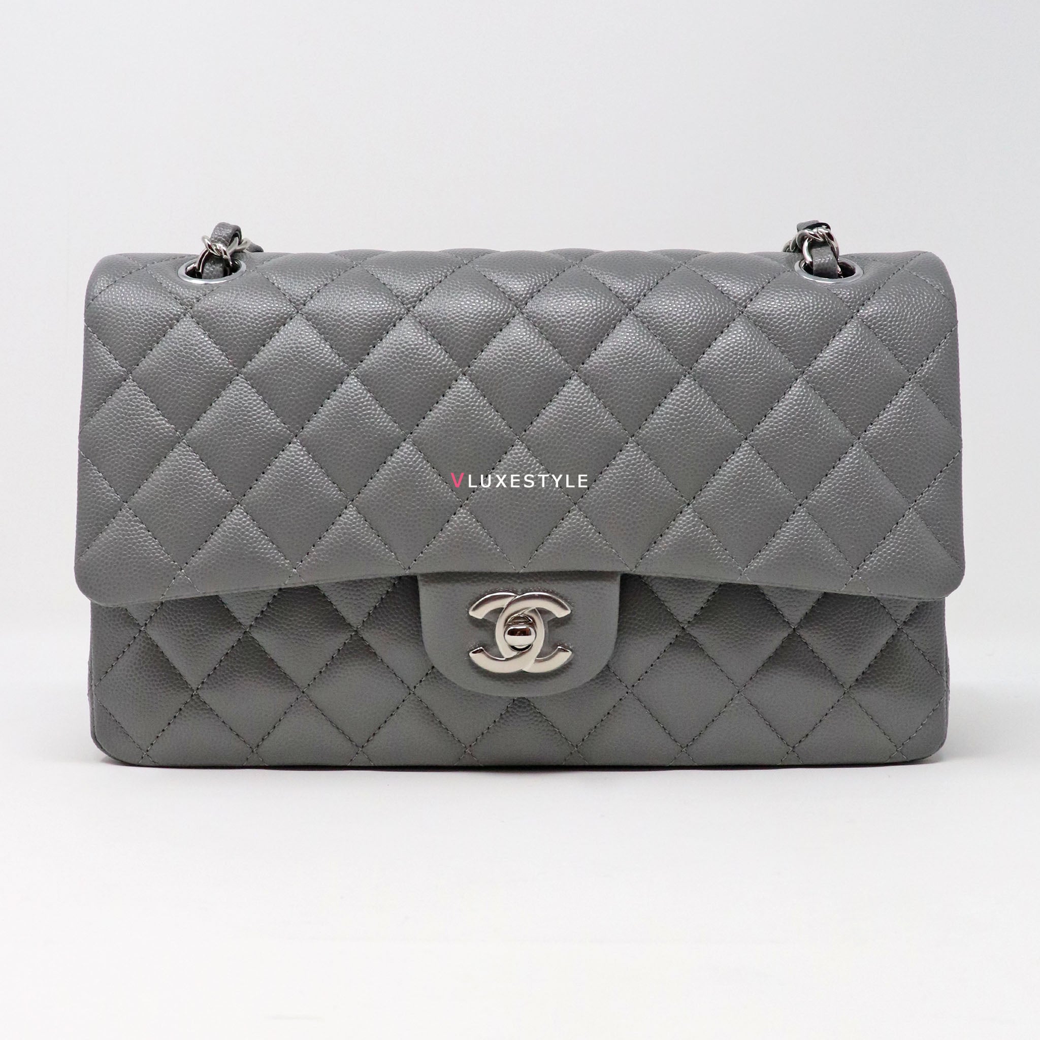 CHANEL Grey Medium Classic Flap bag in Caviar with SILVER Hardware