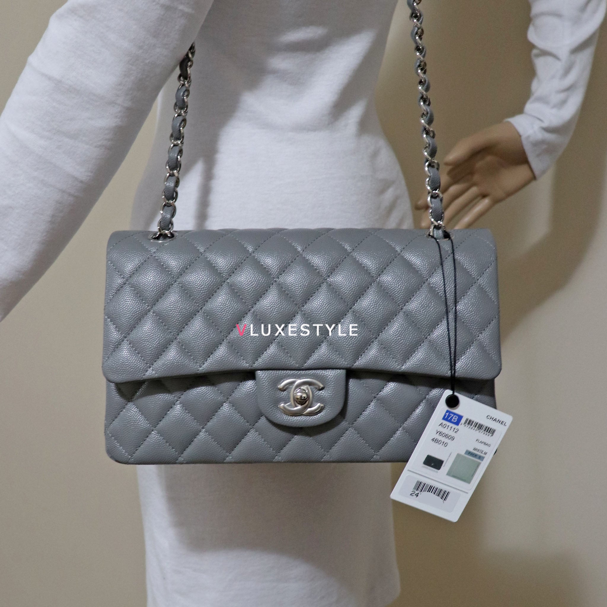 Chanel Classic Mini Rectangular 17B Gray/Grey Quilted Caviar with silver  hardware