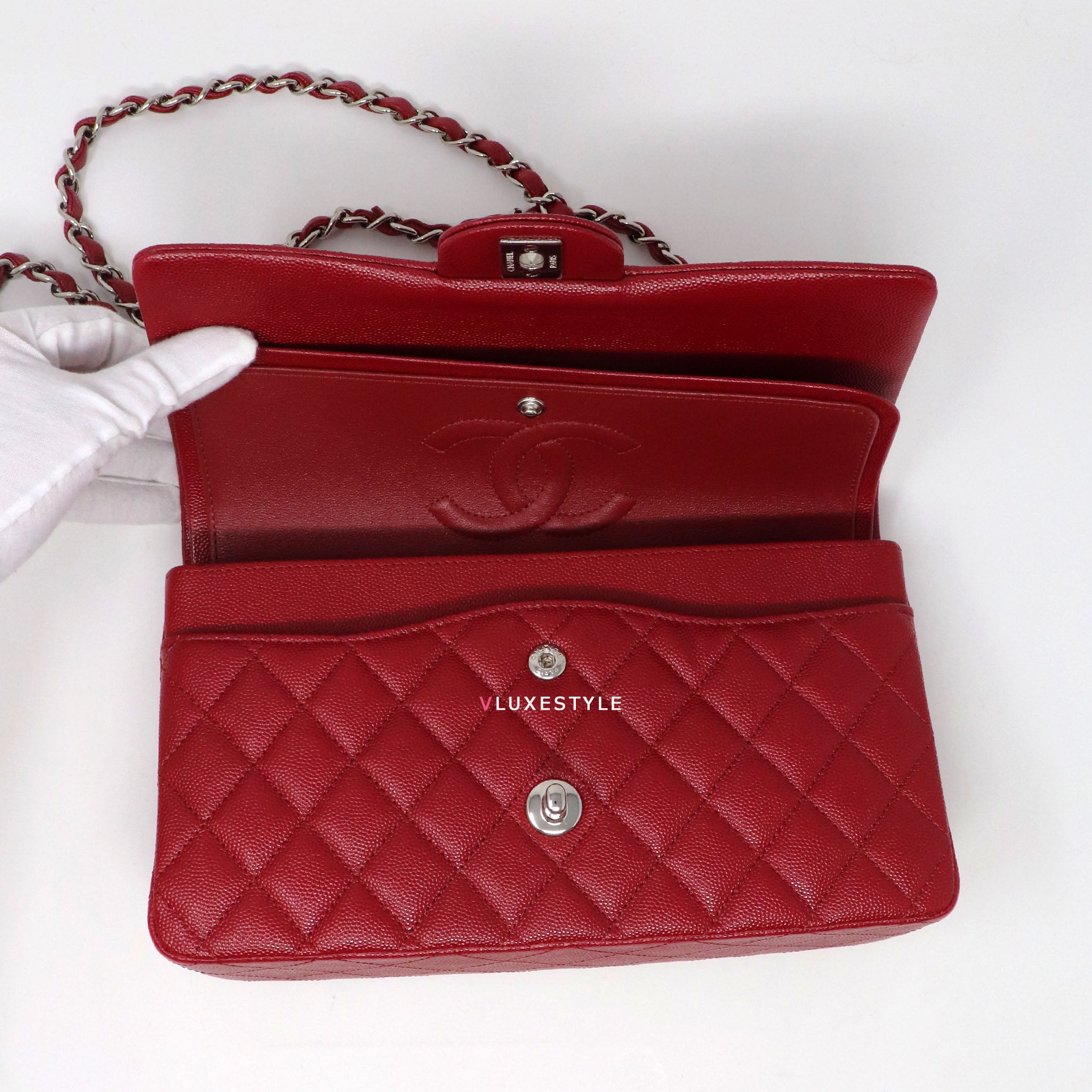 Chanel Classic M/L Medium Double Flap Bag Red Caviar Silver Hardware 1 –  Coco Approved Studio