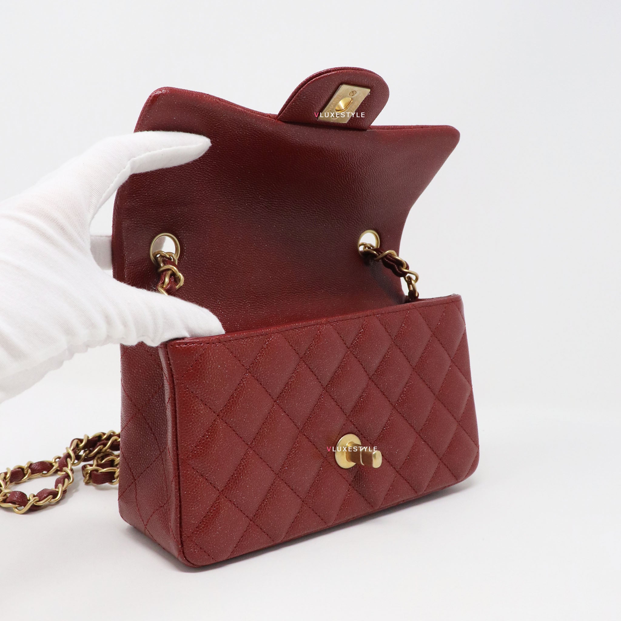 Chanel Small Classic Quilted Flap Iridescent Burgundy Caviar Aged Gold –  Coco Approved Studio