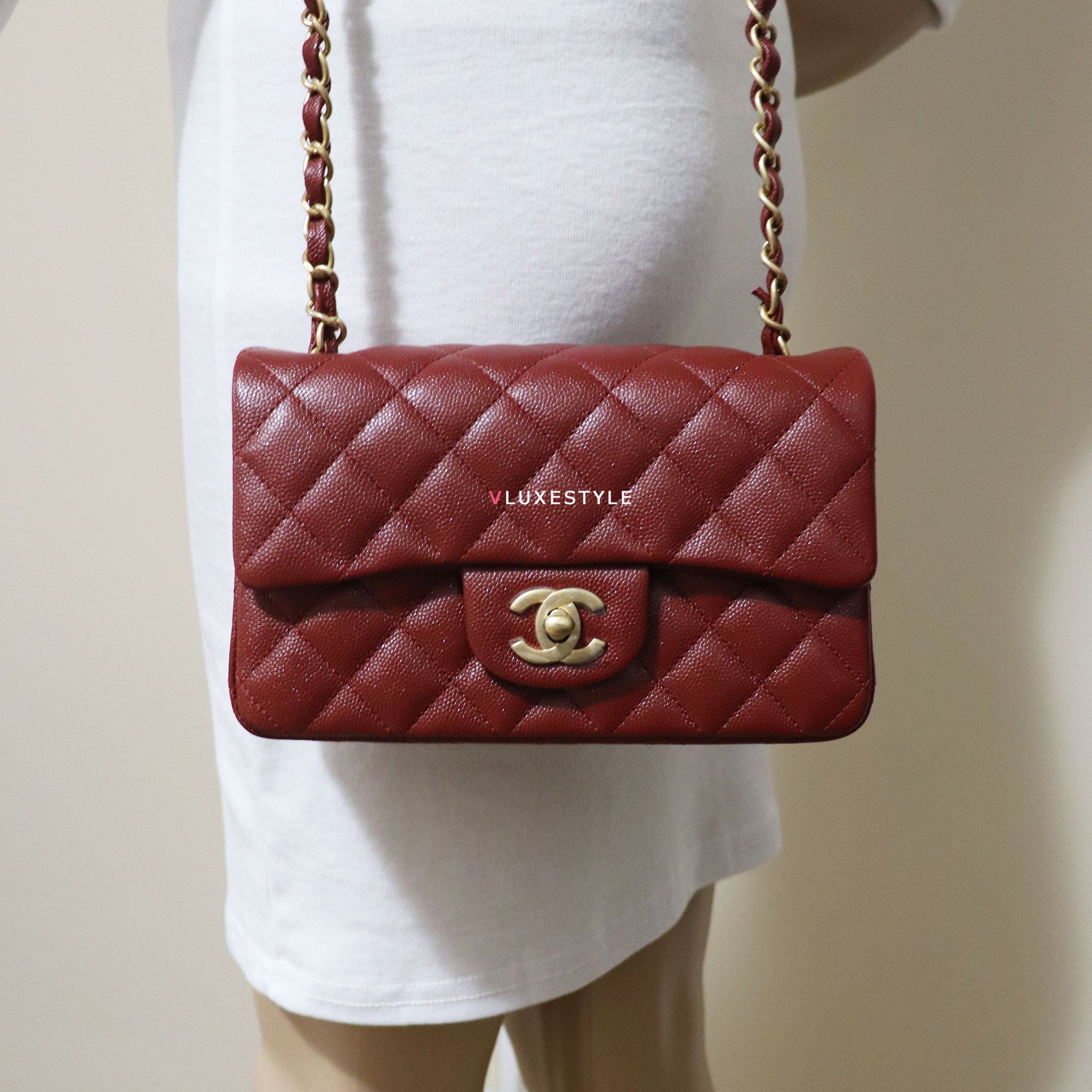 Chanel Classic Mini Rectangular 18C Iridescent Burgundy Quilted Caviar with  brushed gold hardware