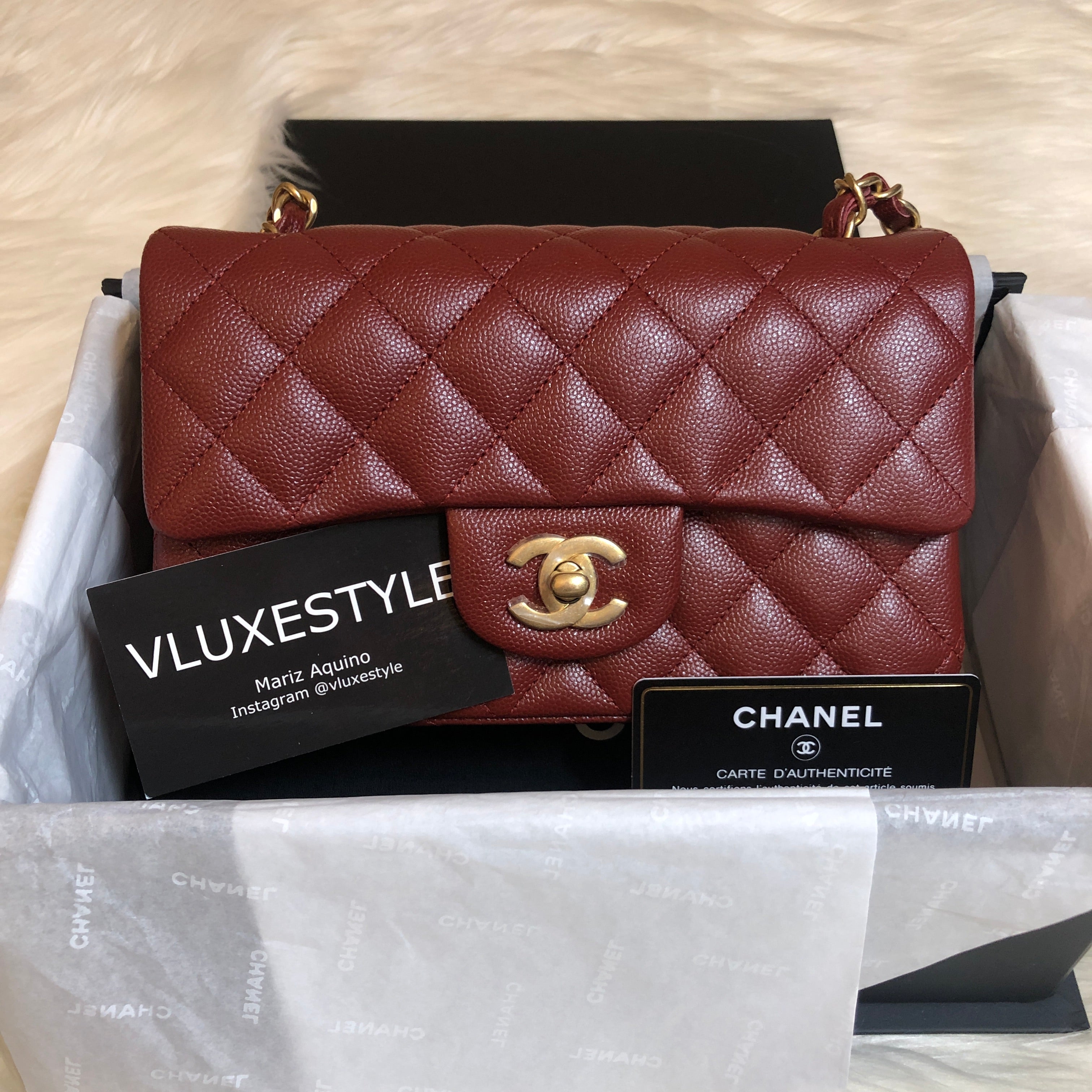 Chanel Classic Mini Rectangular 18C Iridescent Burgundy Quilted Caviar with  brushed gold hardware