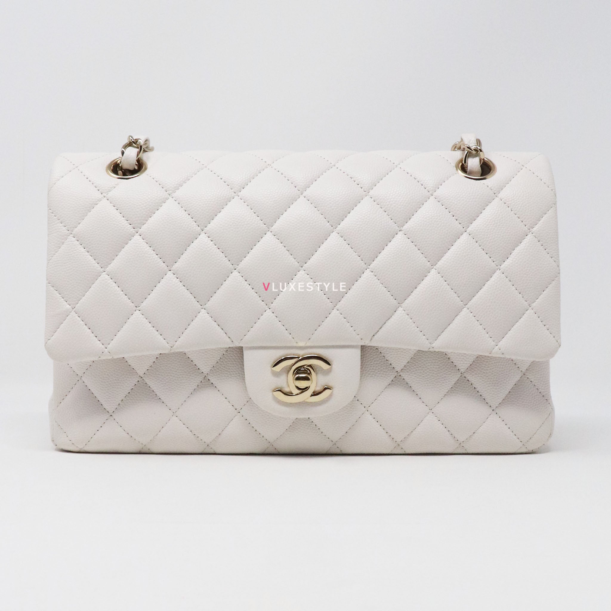 Chanel Medium Classic Double Flap 23C White Caviar Leather