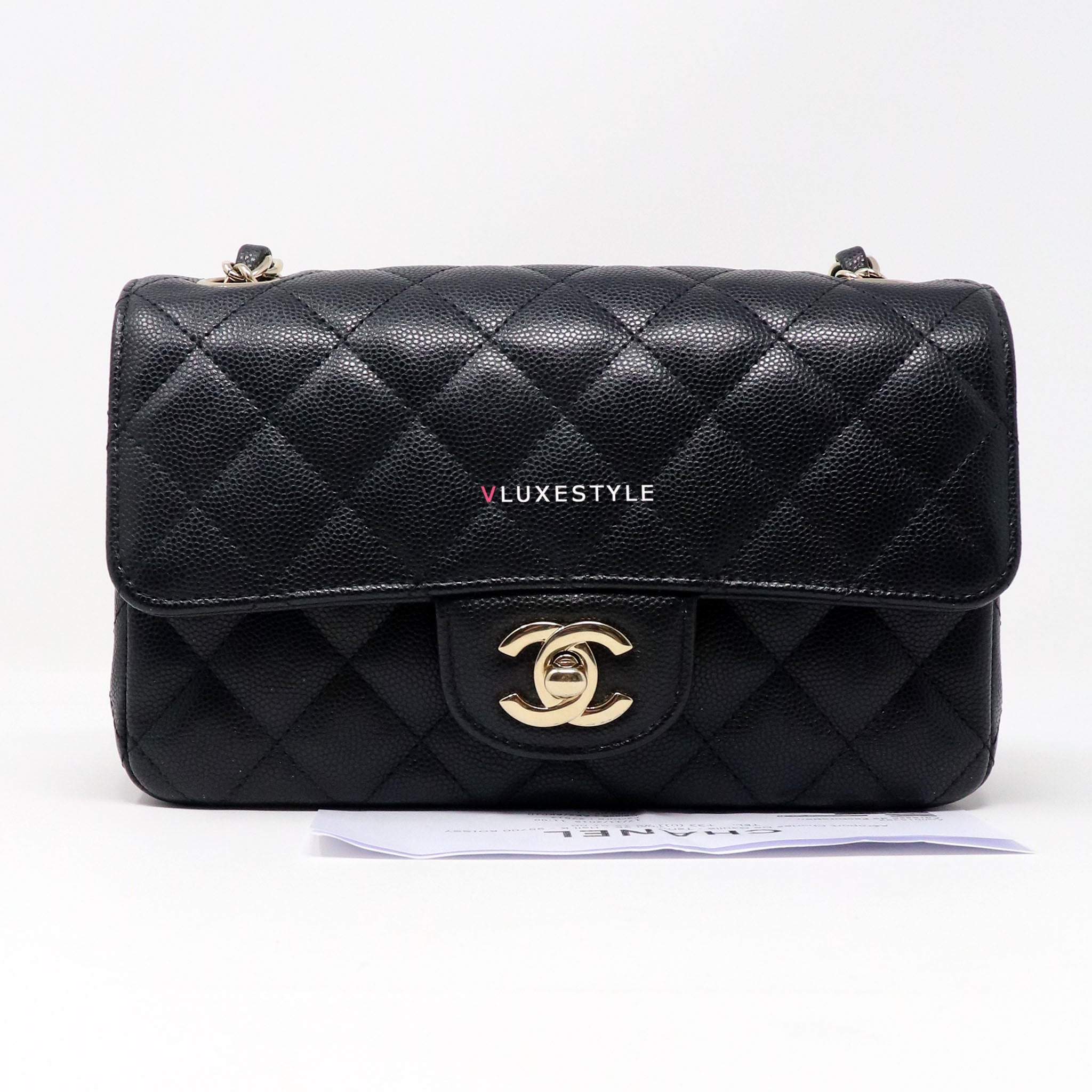 Chanel Classic Mini Rectangular 17C Black Quilted Caviar with light gold  hardware