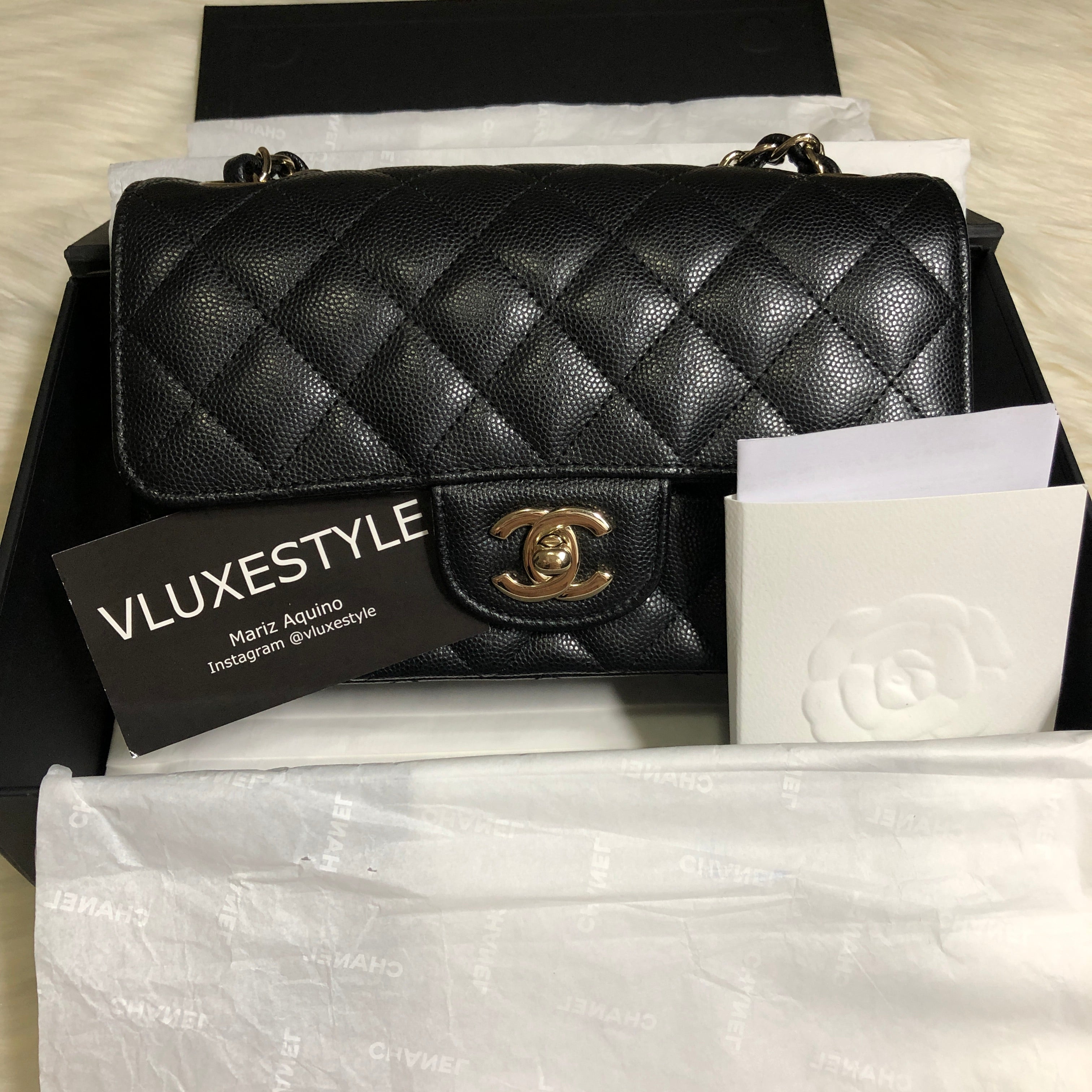 Chanel Classic Mini Rectangular 17C Black Quilted Caviar with light gold  hardware