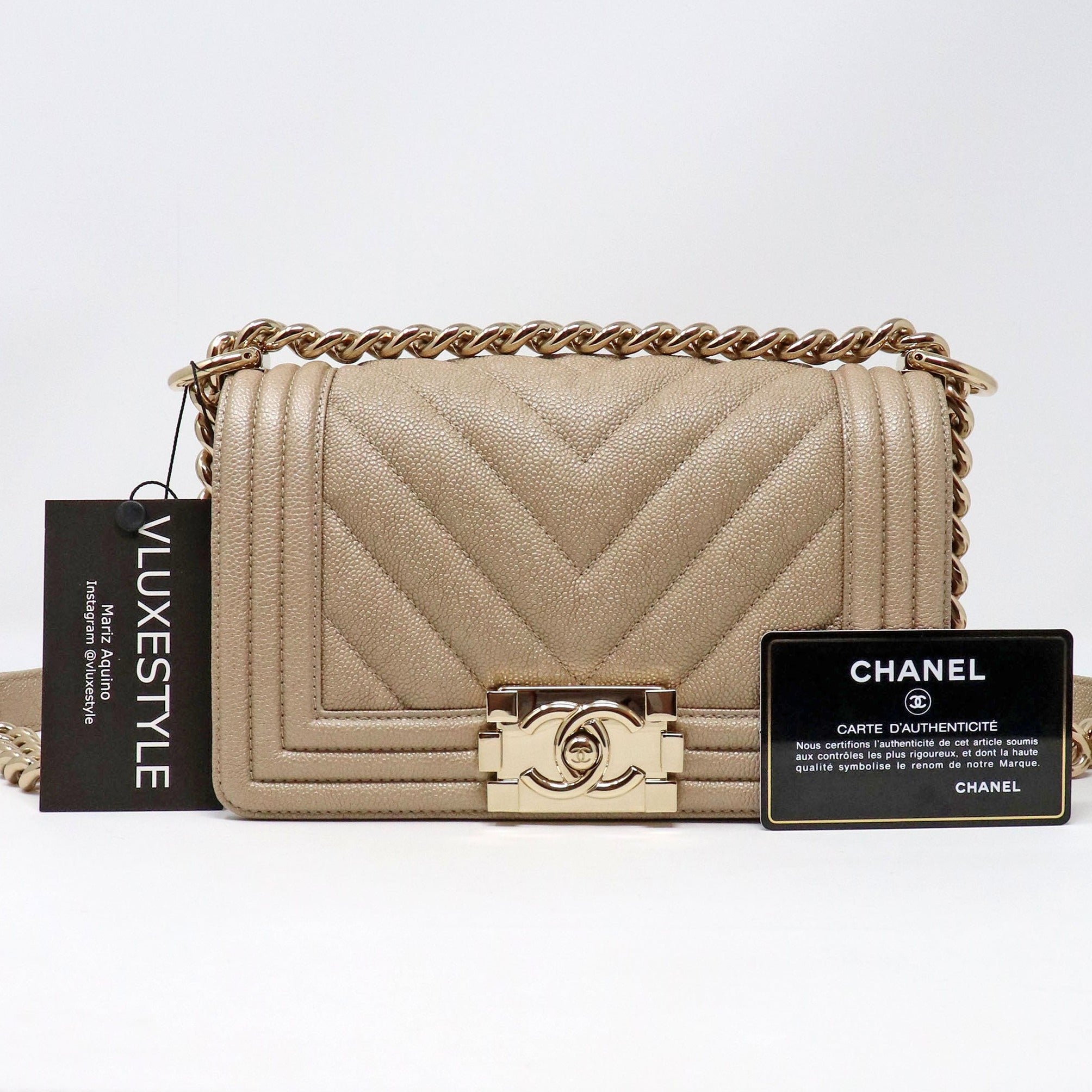 Chanel Small Le Boy 18A Iridescent Pearly Beige Chevron Caviar with shiny gold  hardware