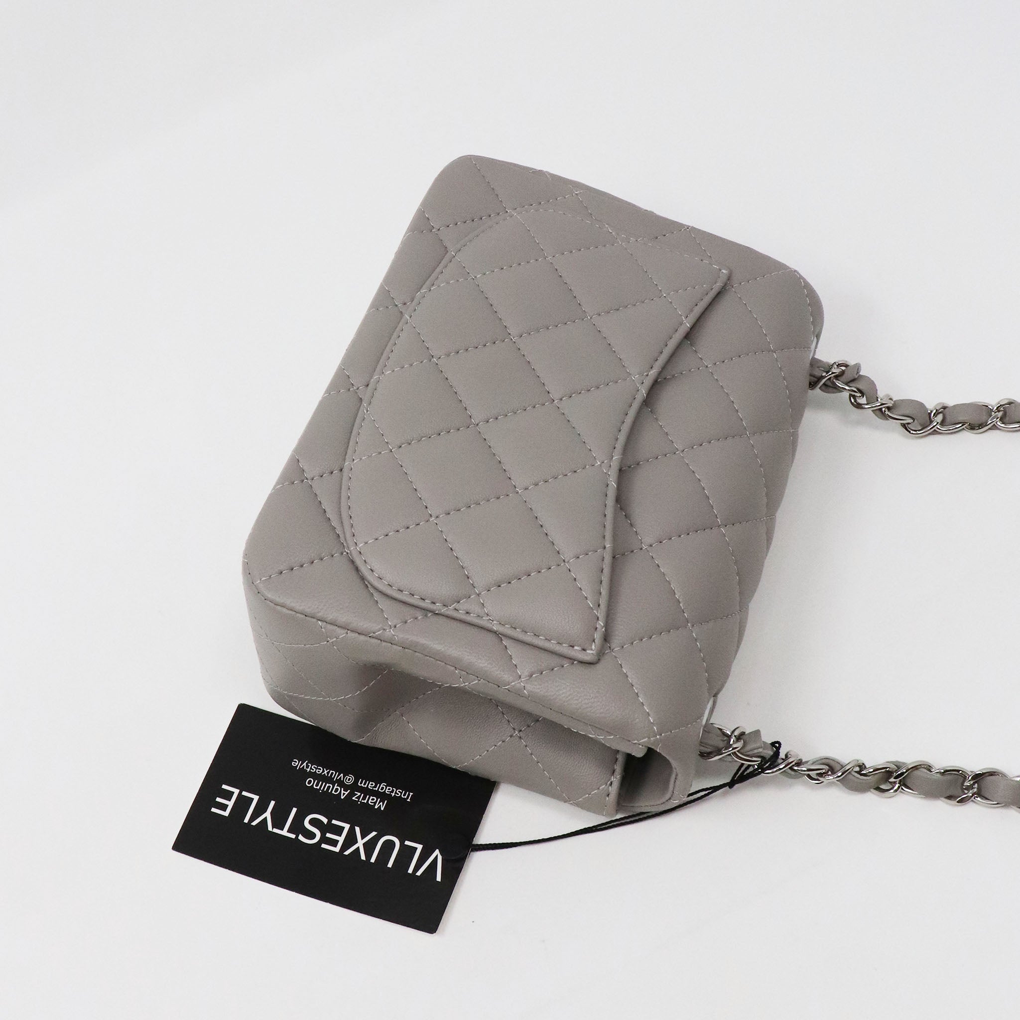 Chanel Classic Mini Square 19B Gray Quilted Lambskin with silver hardware