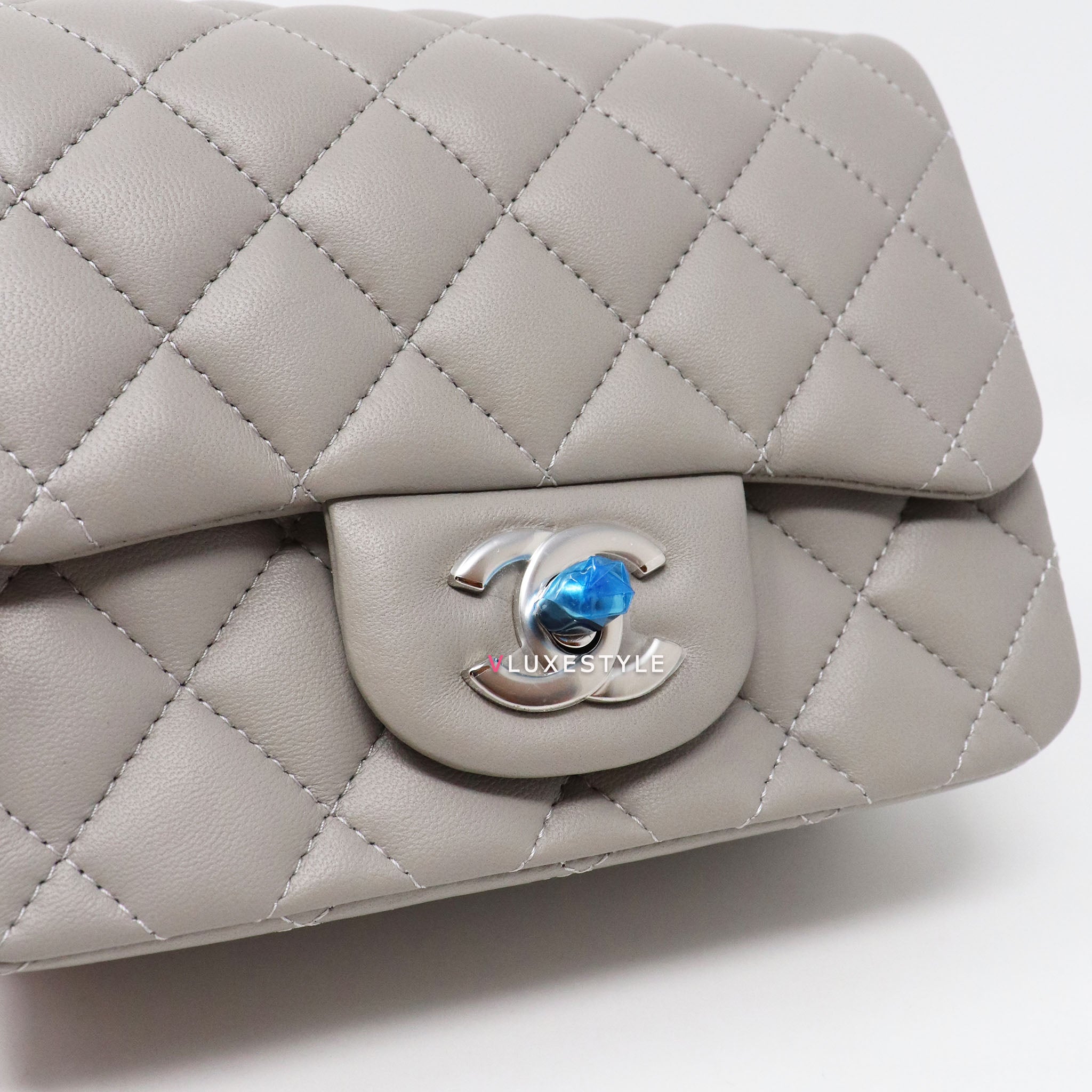 Chanel Classic Mini Square 19B Gray Quilted Lambskin with silver hardware