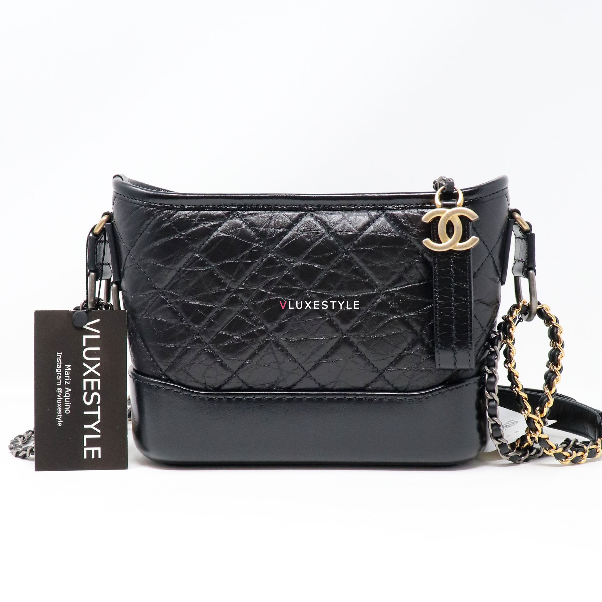 Chanel Gabrielle Hobo Bag Diamond Gabrielle Quilted Aged/Smooth Small Black