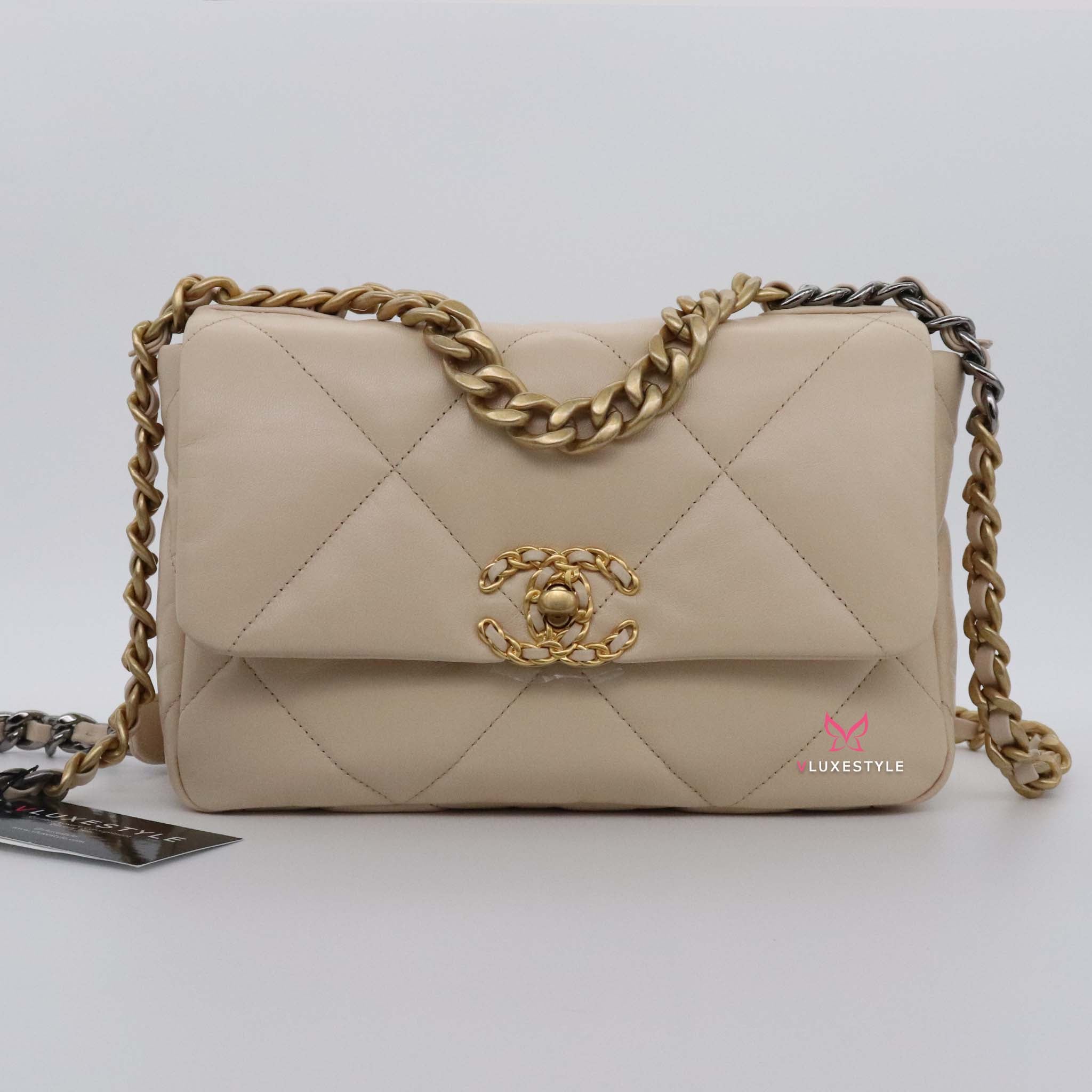 Excellent Used CHANEL 19 Small Flap Bag in Beige Goatskin Mix Hardware