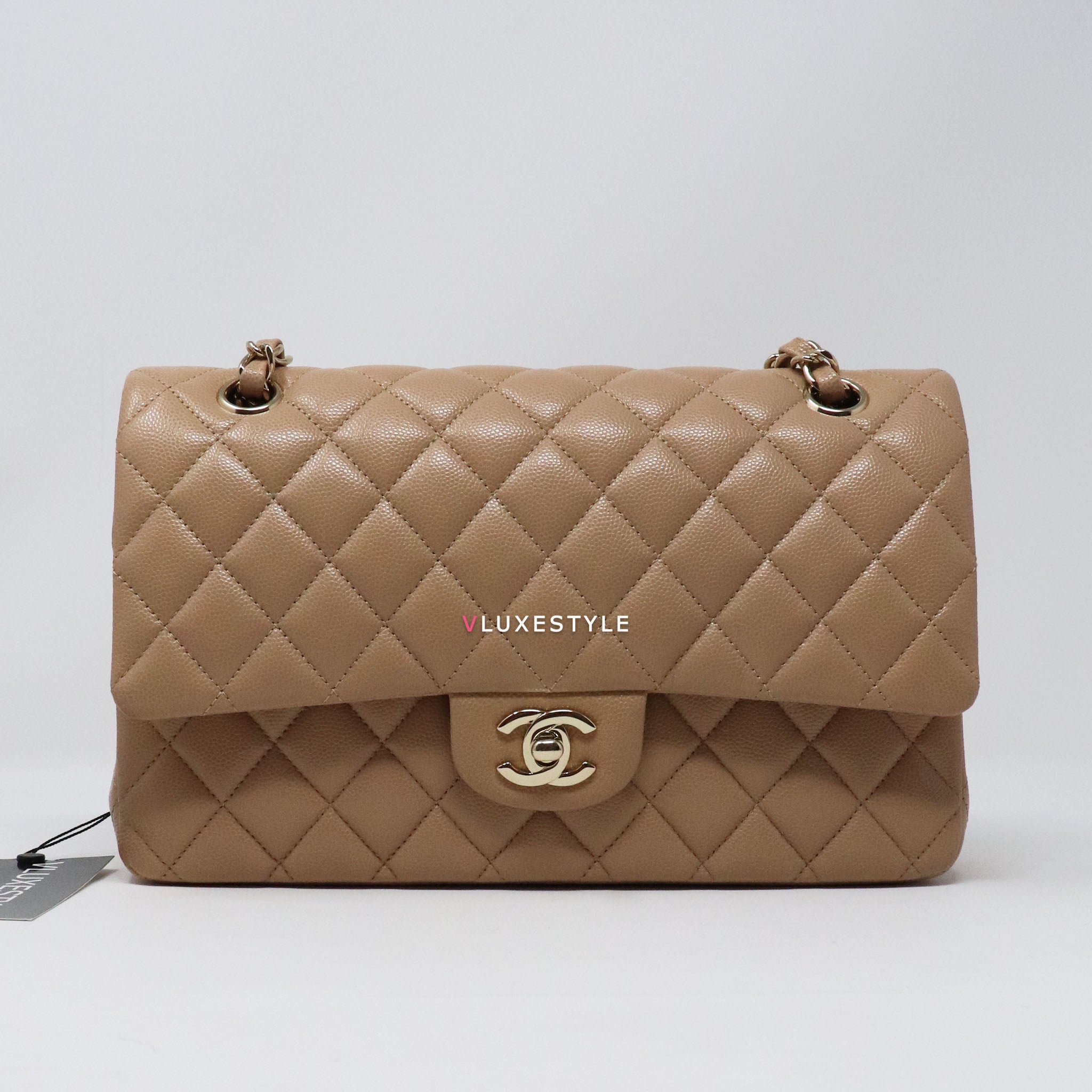 Chanel Light Brown Caviar Suede Leather Medium Double Flap Bag with, Lot  #56269