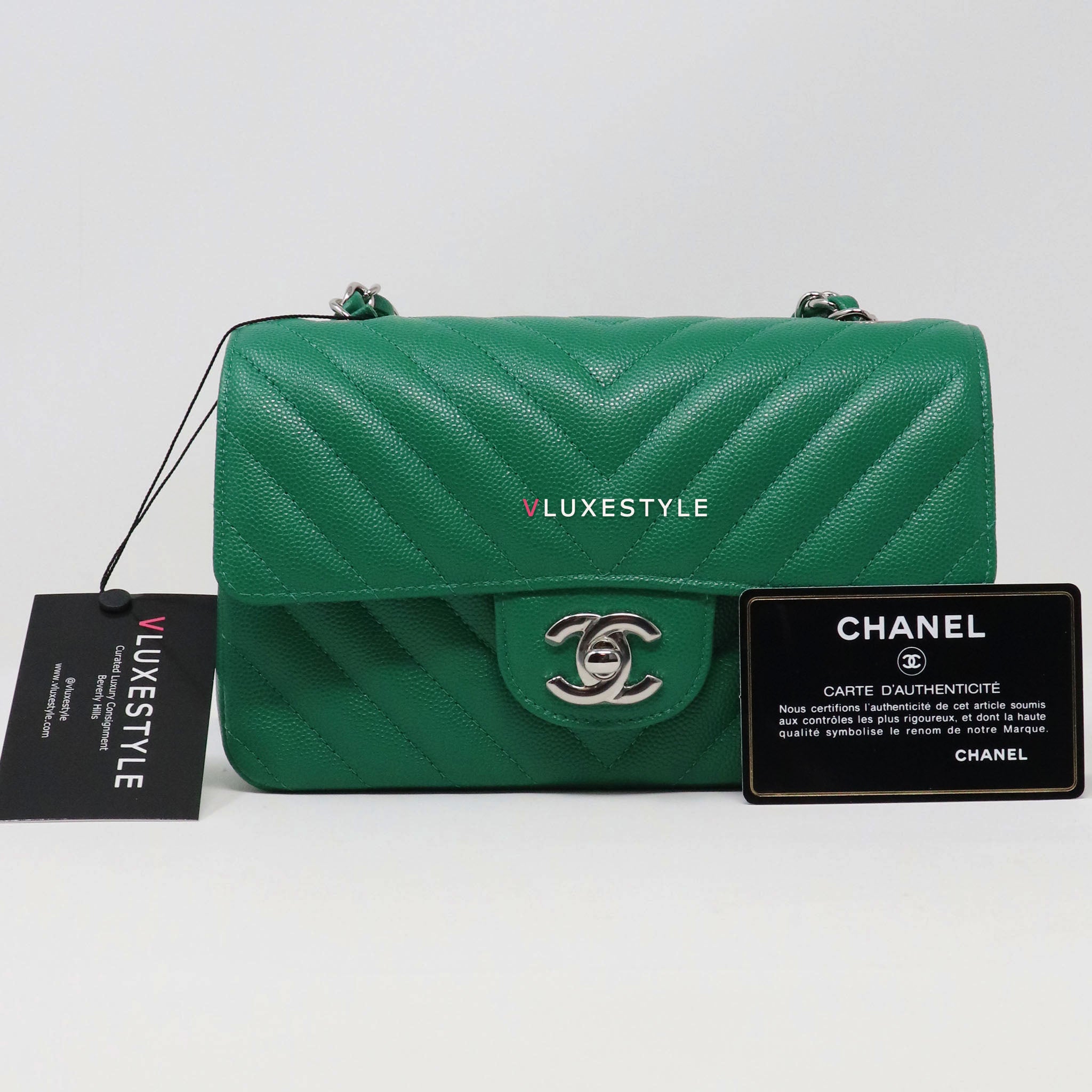 Chanel Classic Mini Rectangular 17S Green Chevron Caviar with silver  hardware