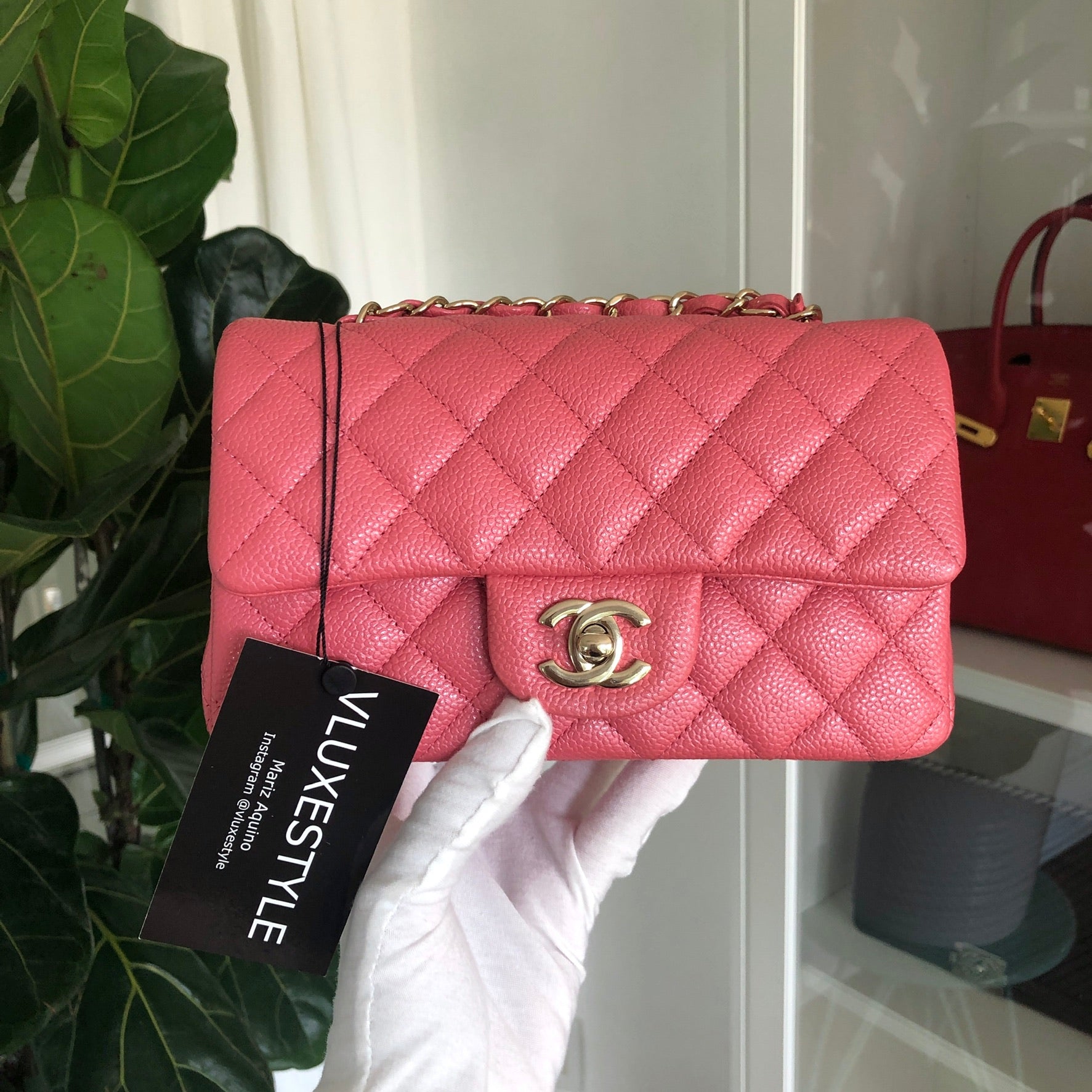 CHANEL 18S Pearly Pink Caviar Rectangular Mini Flap Bag Light Gold Hardware