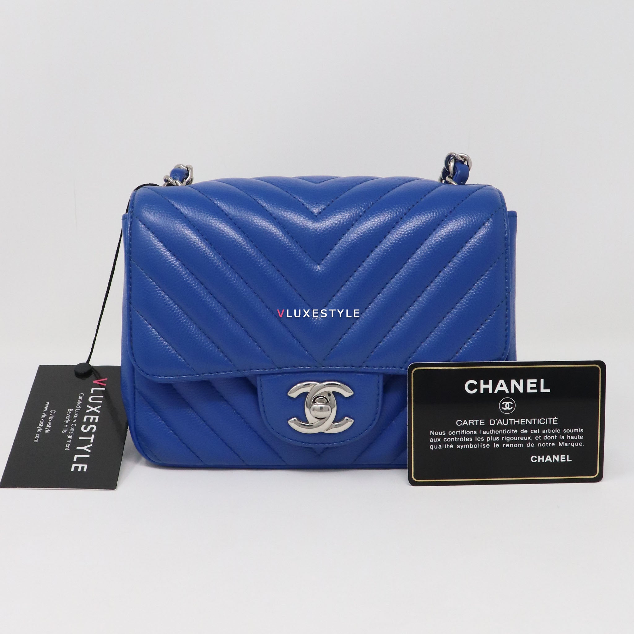 Chanel Classic Mini Square 16S Blue Chevron Caviar with silver