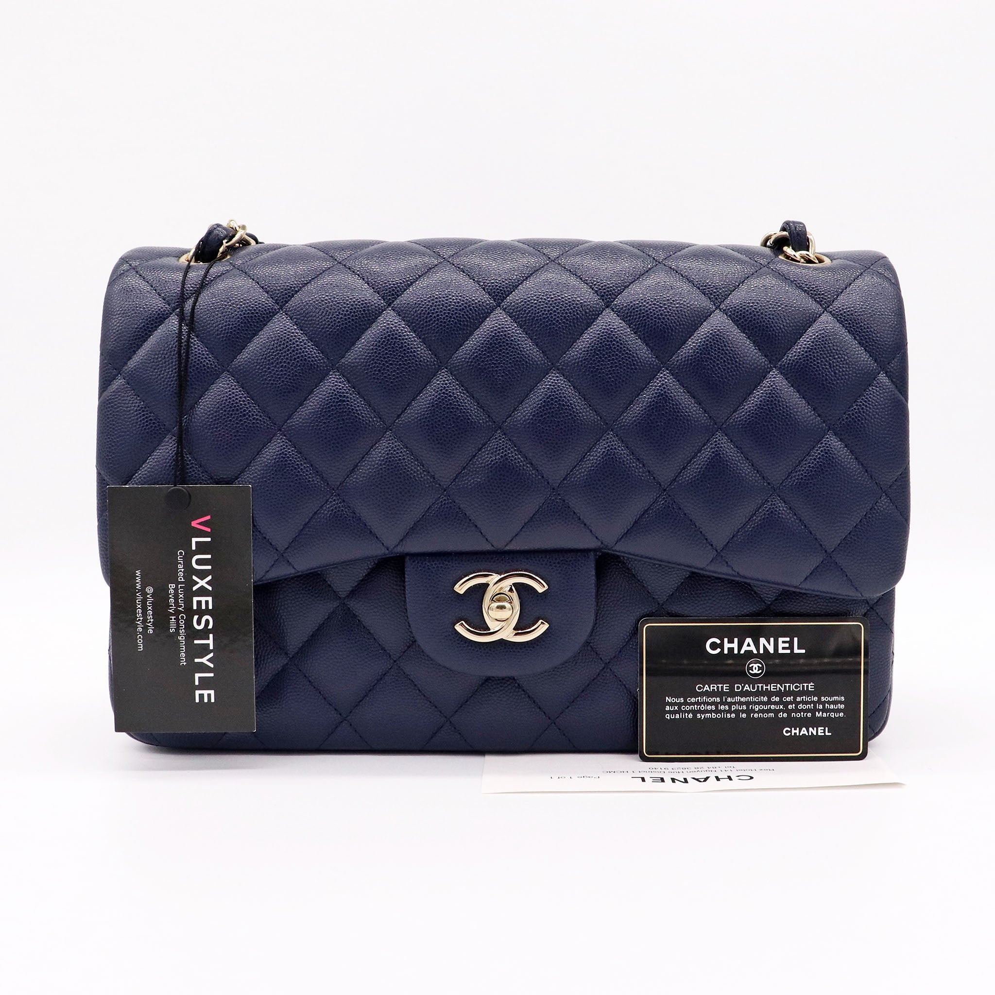 Chanel Navy Quilted Jumbo Classic Double Flap of Caviar Leather with Light  Gold Tone Hardware, Handbags & Accessories Online, Ecommerce Retail