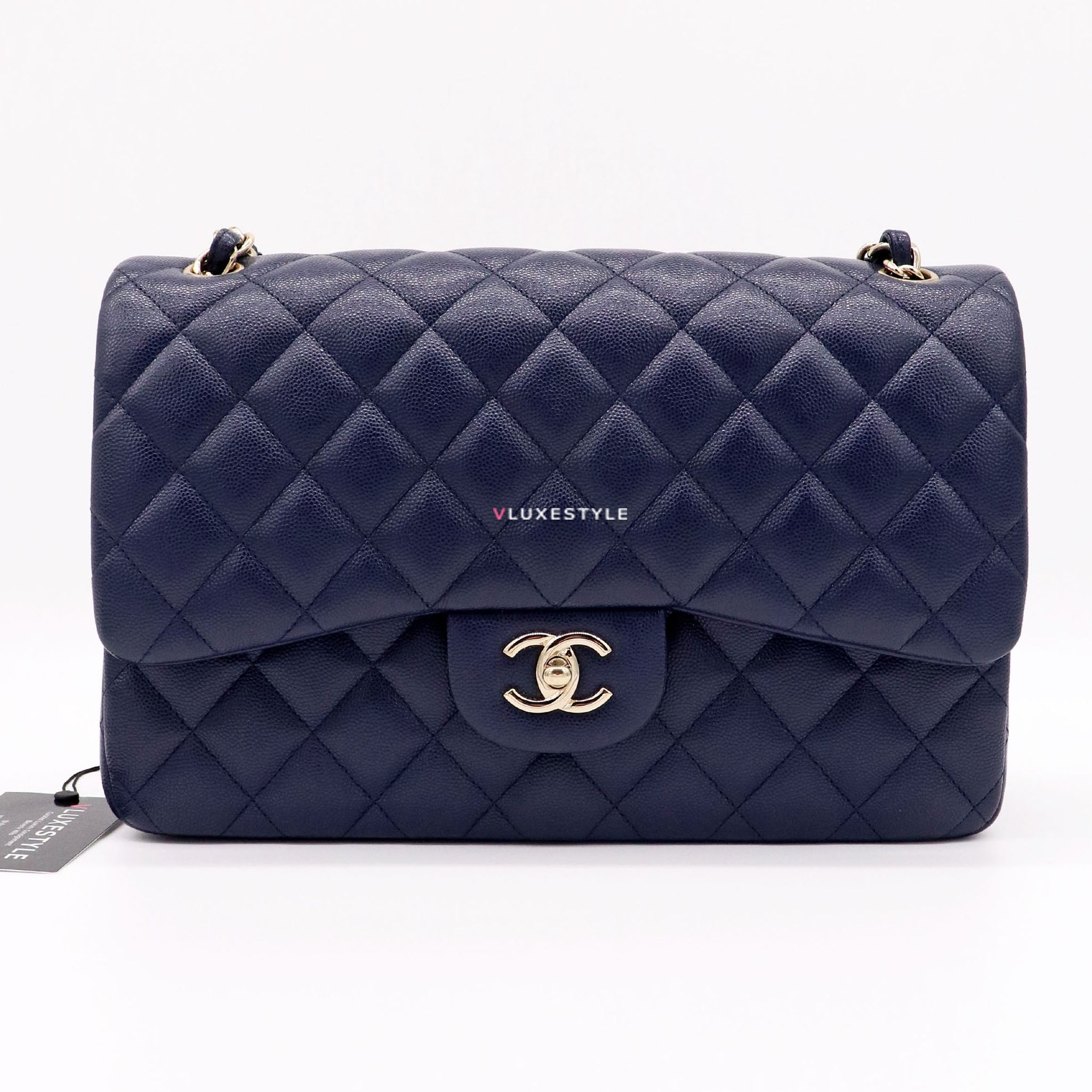 Chanel Navy Quilted Jumbo Classic Double Flap of Caviar Leather with Light  Gold Tone Hardware, Handbags & Accessories Online, Ecommerce Retail