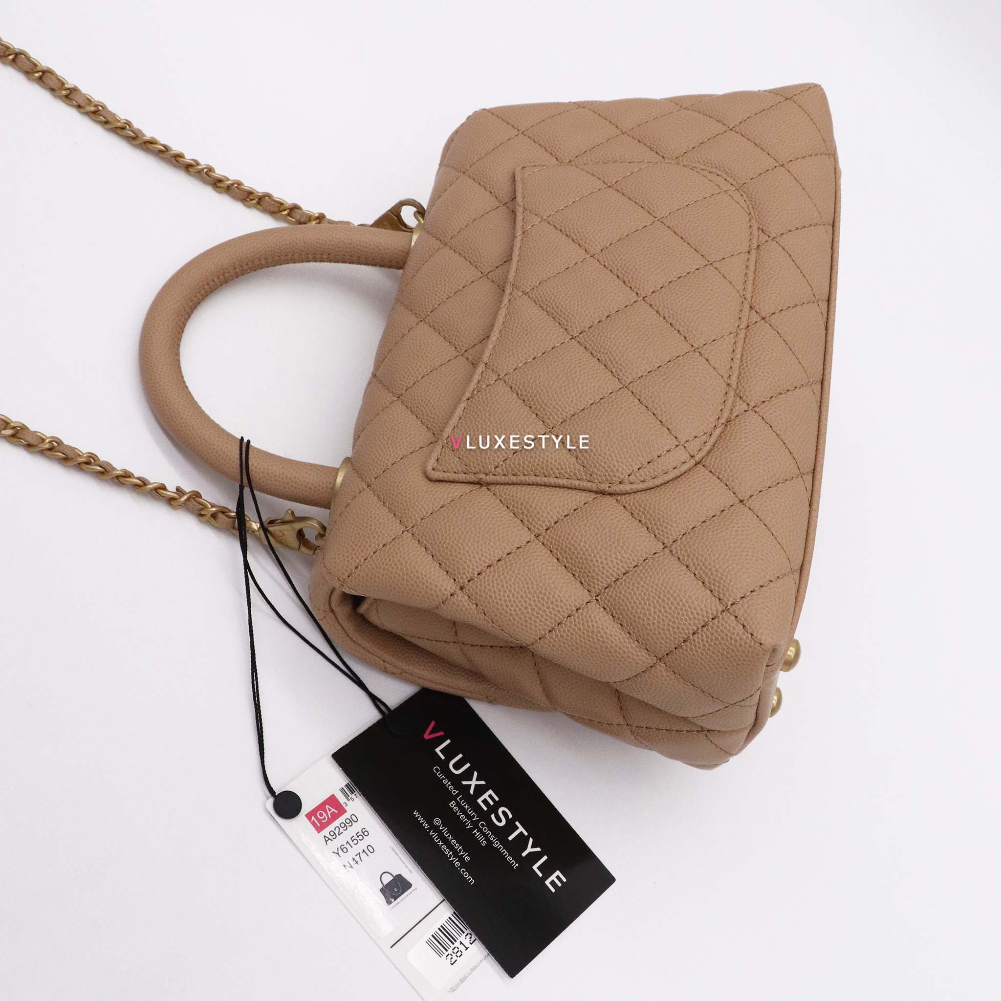 Chanel Mini Coco Handle 19A Dark Beige Quilted Caviar with brushed