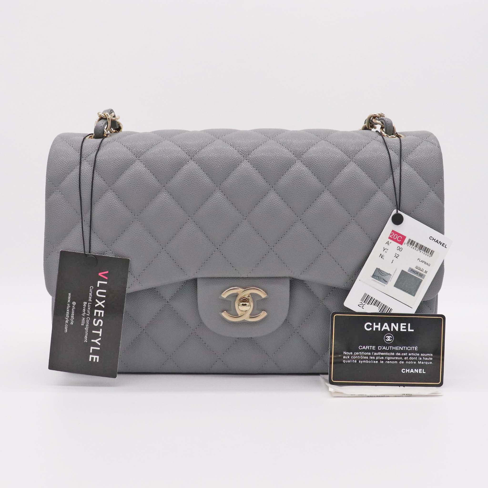 Chanel Classic Jumbo Double Flap 20C Gray Quilted Caviar with