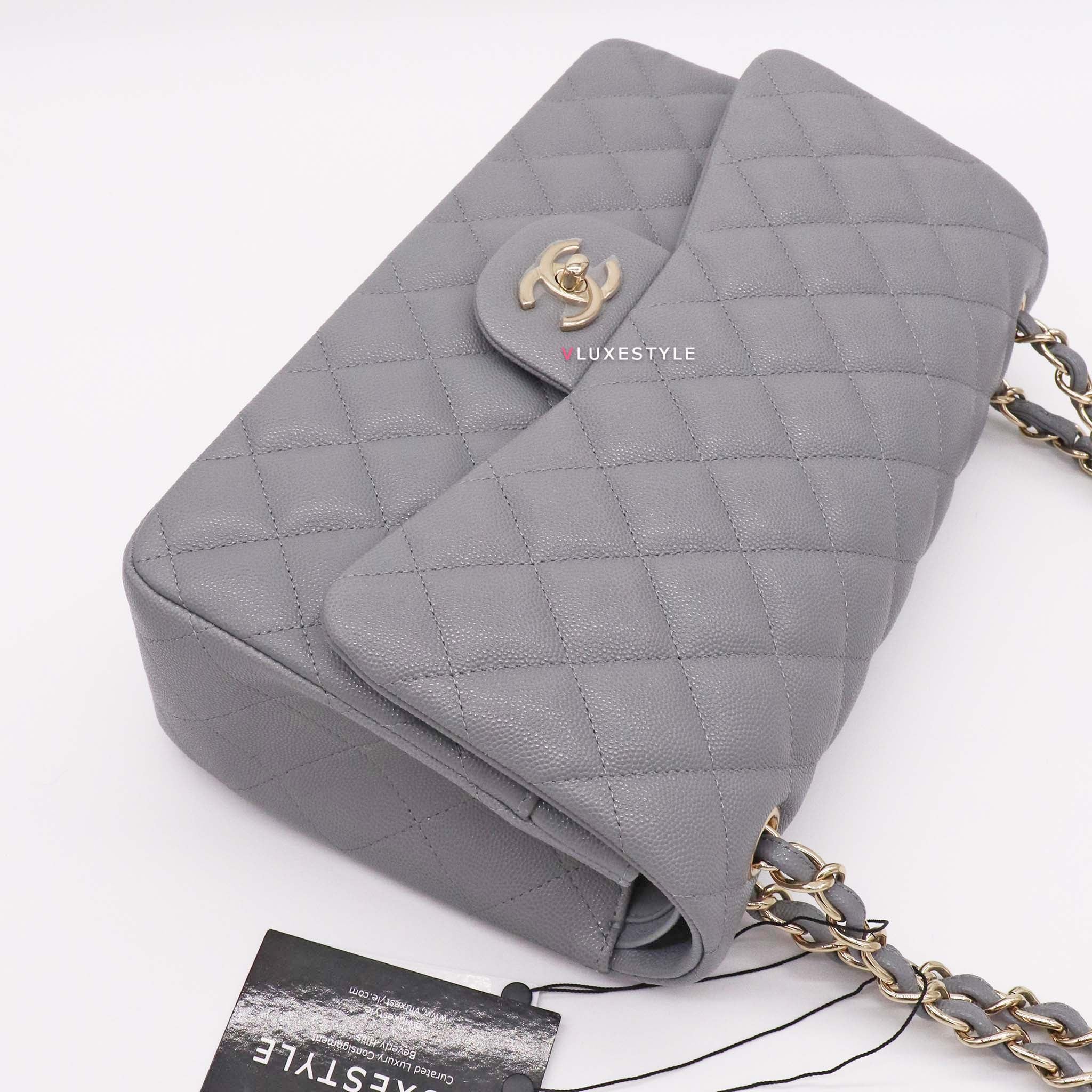 Chanel Classic Jumbo Double Flap 20C Gray Quilted Caviar with