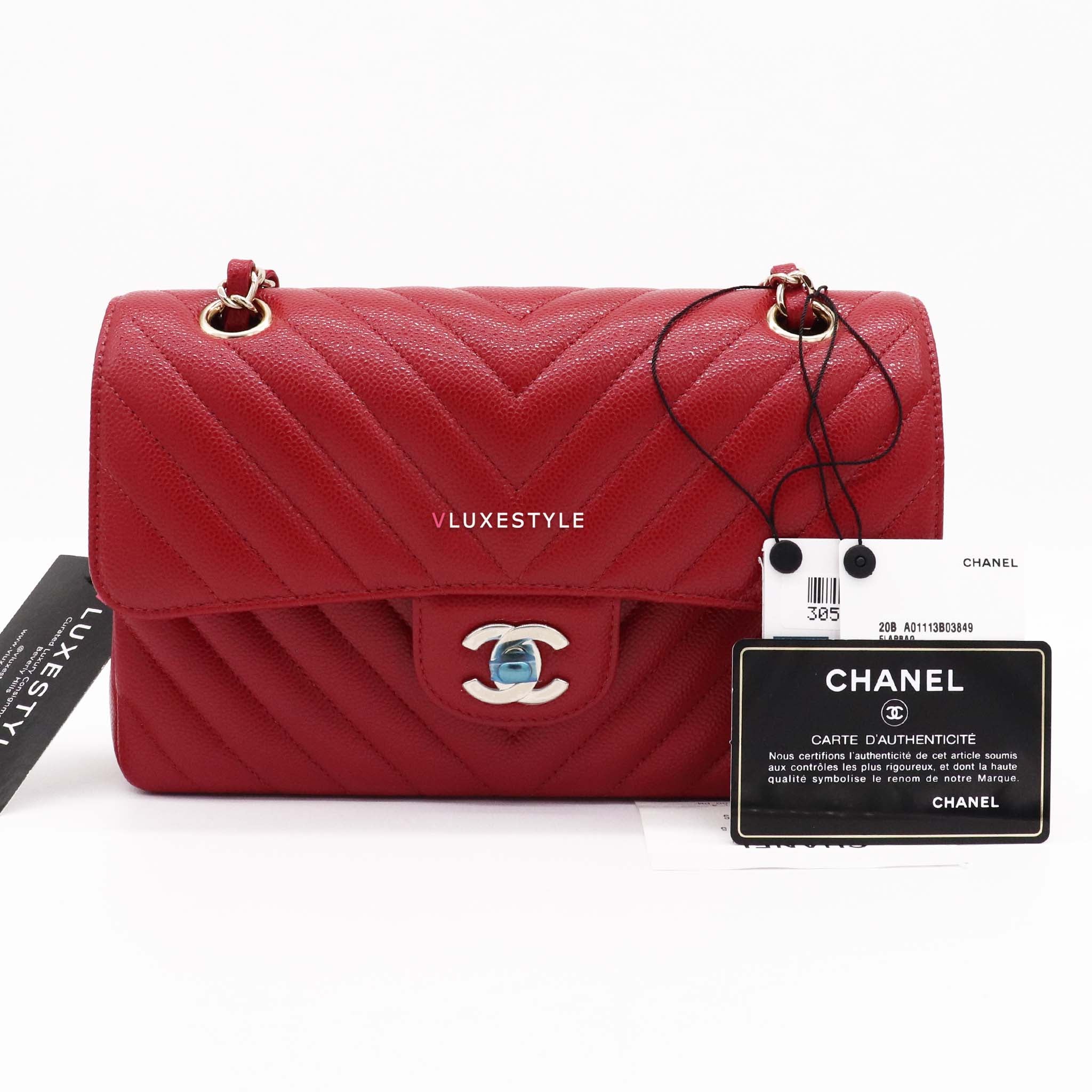 Chanel Classic Small Double Flap 20B Red Chevron Caviar with light