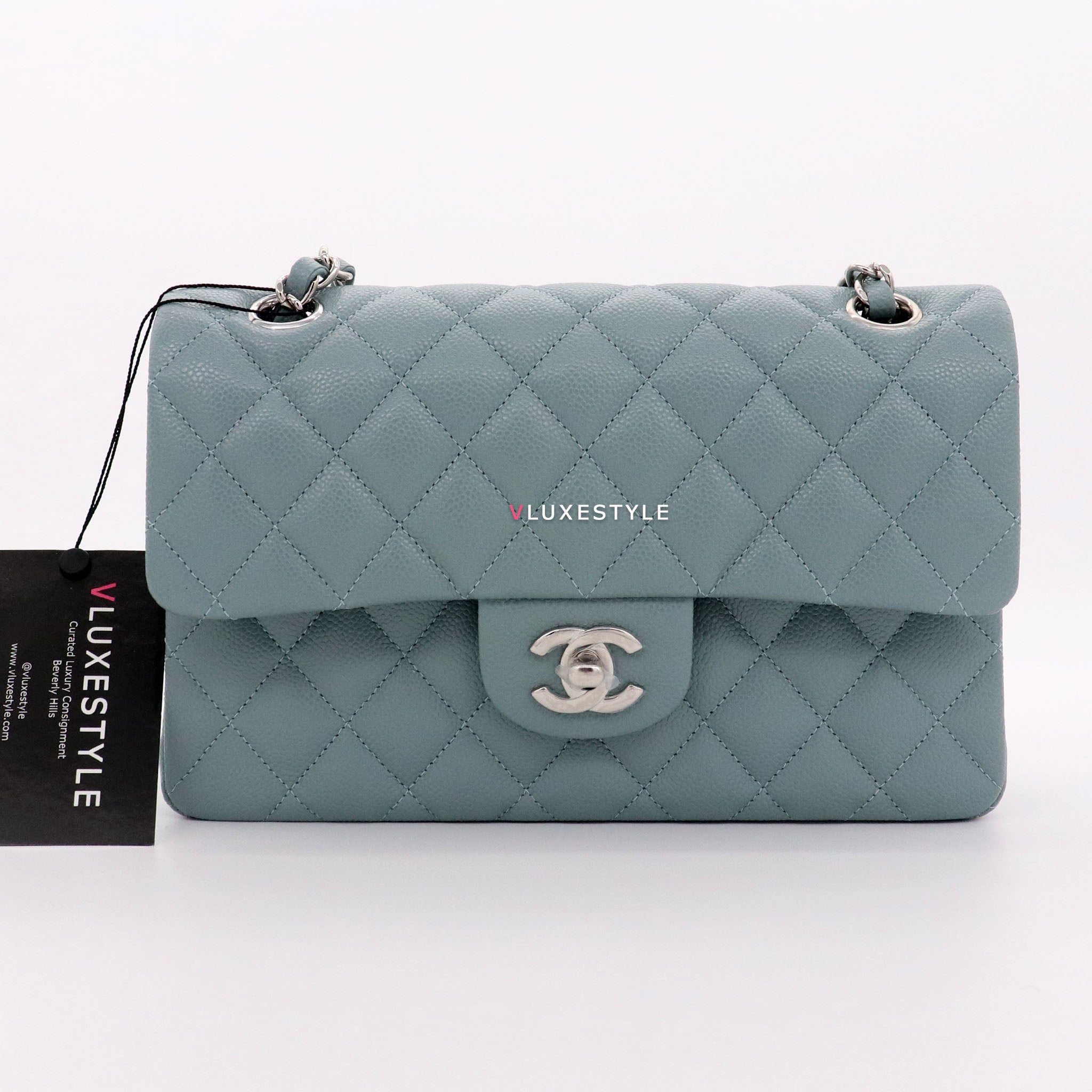 BN AUTHENTIC CHANEL CLASSIC SMALL DOUBLE FLAP IN LIGHT BLUE CAVIAR