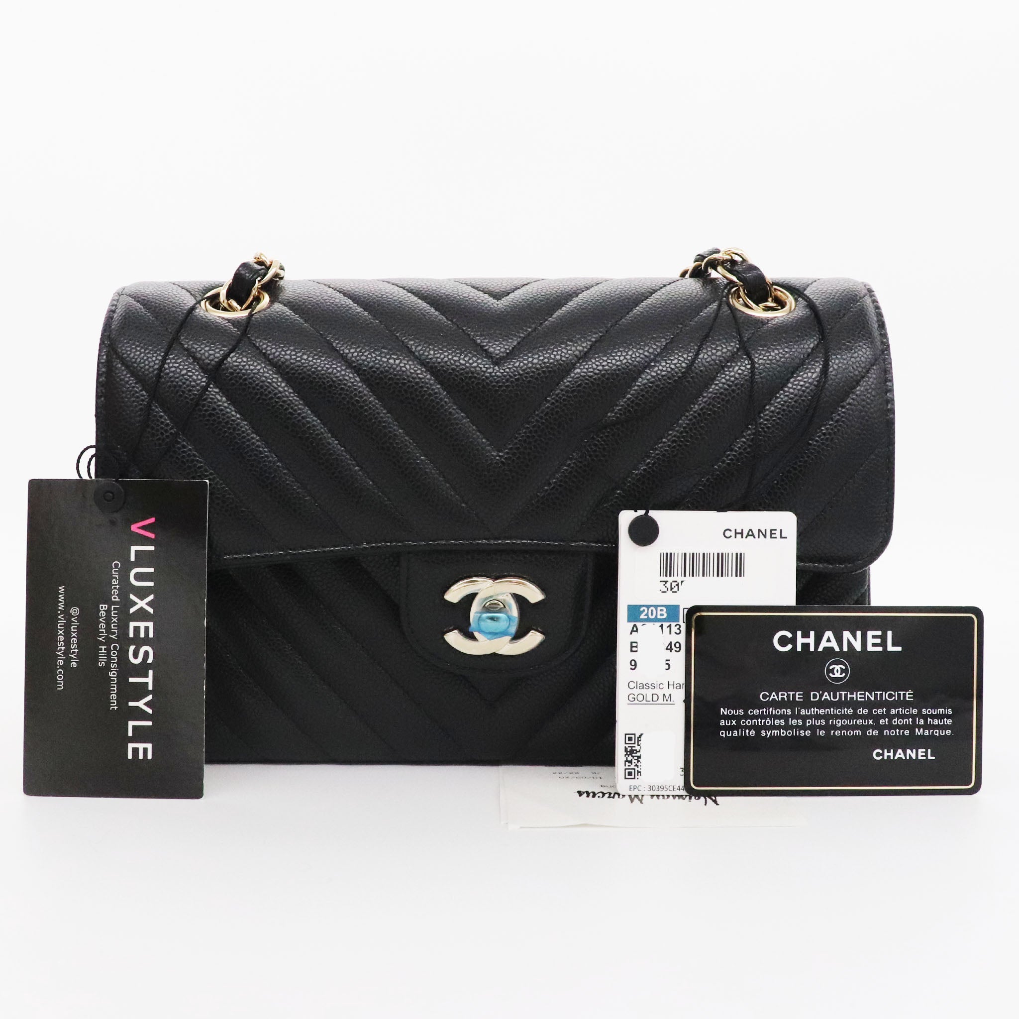 Chanel Classic Small Double Flap 20B Black Chevron Caviar with light gold  hardware