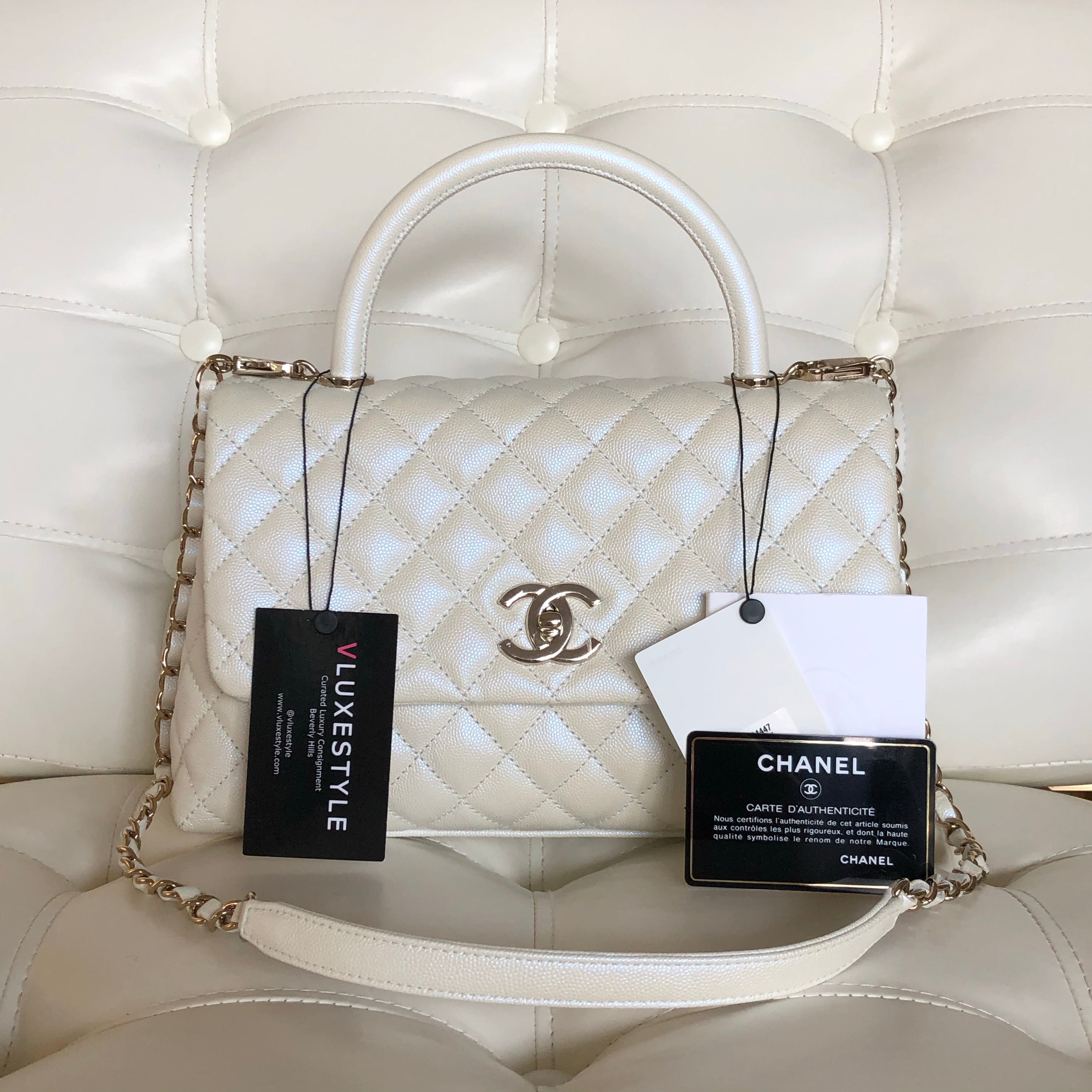 Chanel Coco Handle Medium, Iridescent White Caviar Leather, Gold