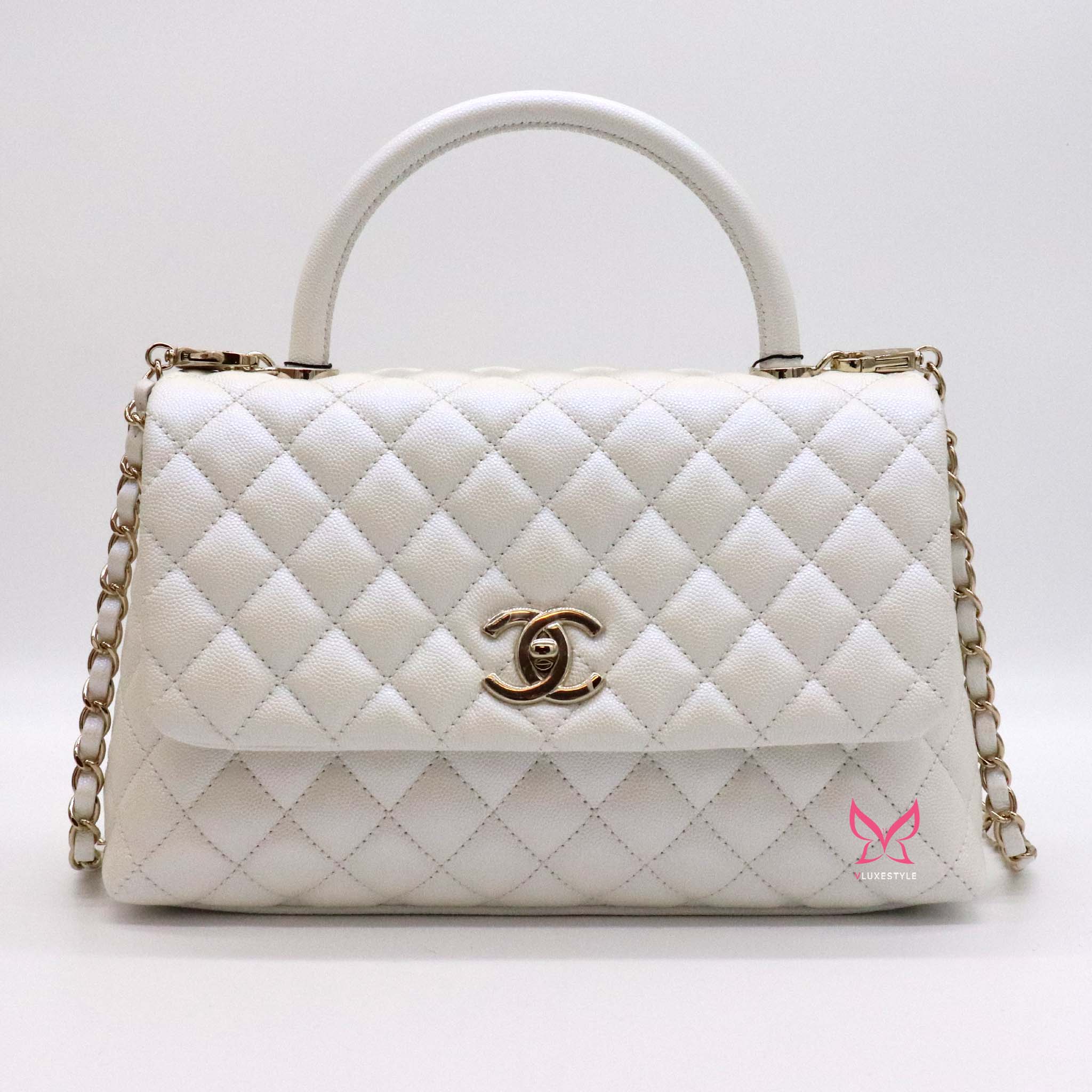 Chanel Coco Handle 20K Iridescent White Quilted Caviar with shiny light gold  hardware