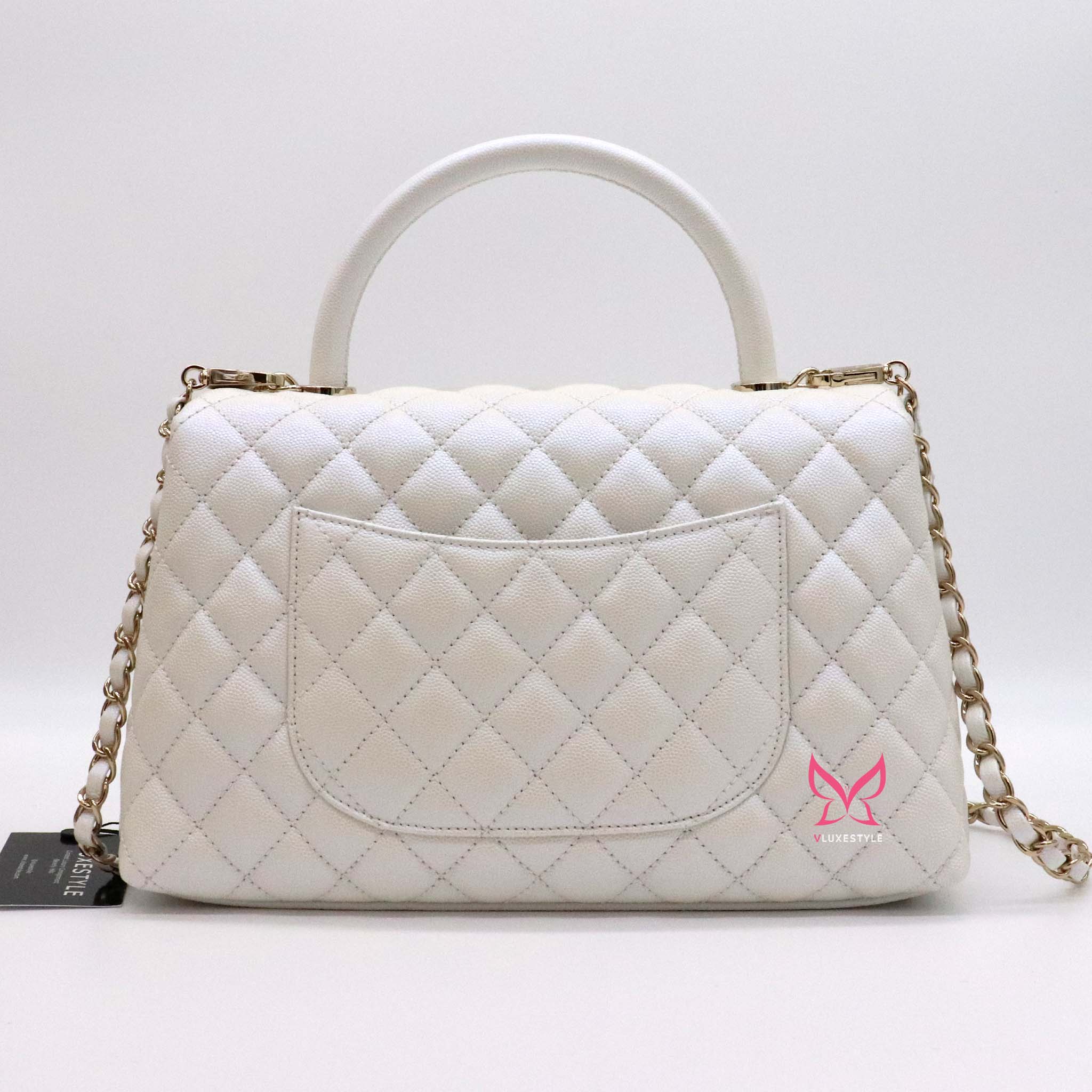 Chanel Coco Handle 20K Iridescent White Quilted Caviar with shiny