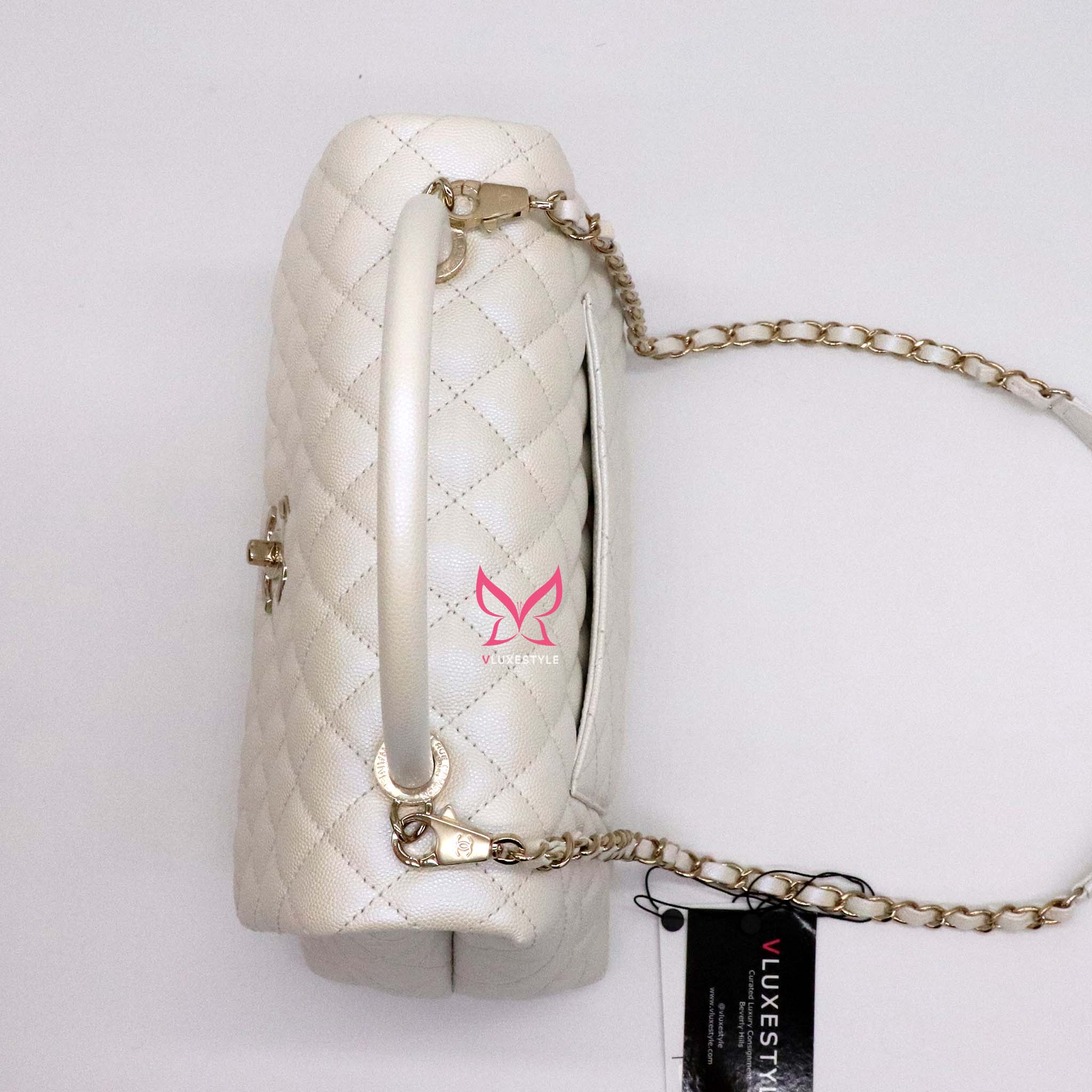 Chanel Coco Handle 20K Iridescent White Quilted Caviar with shiny