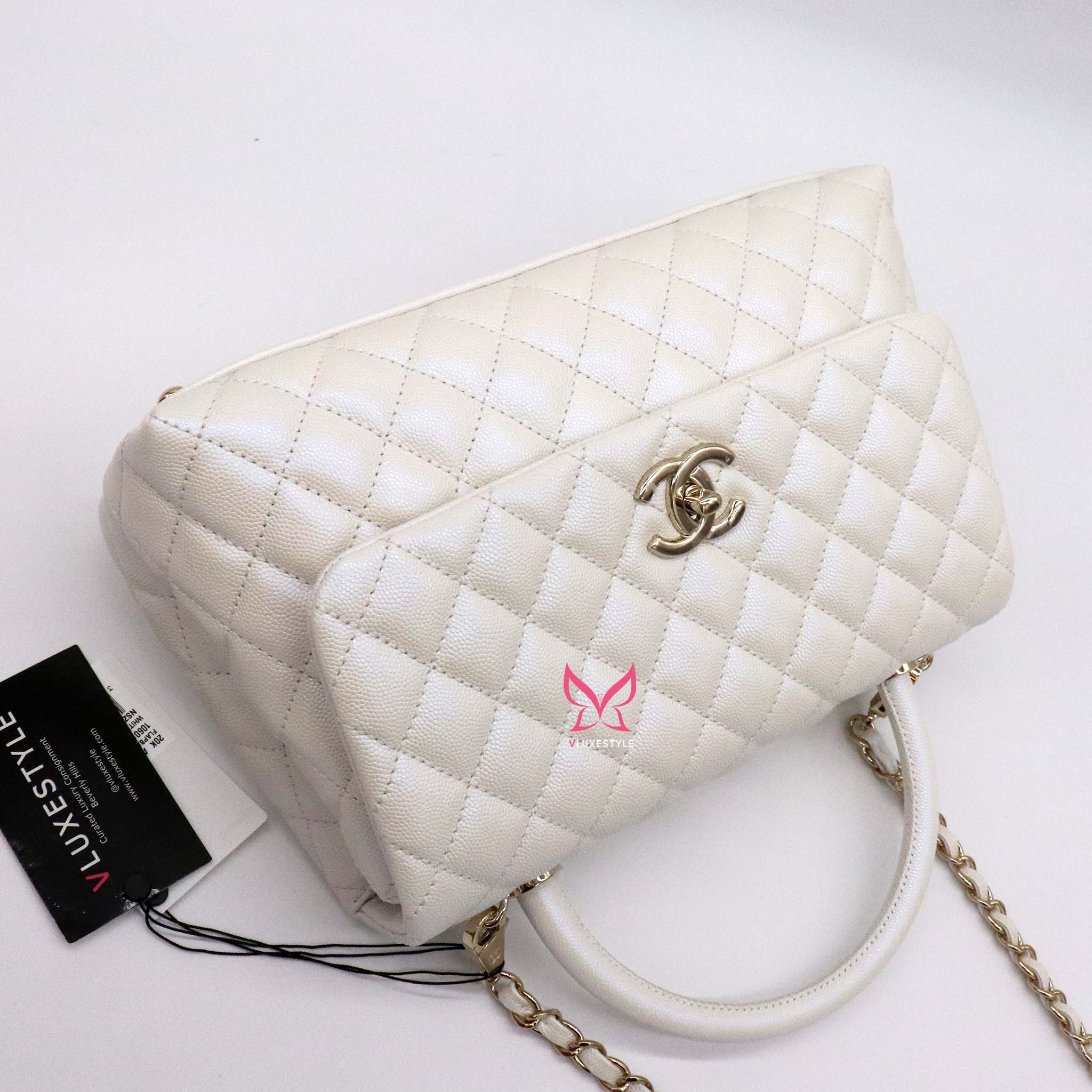 Chanel Coco Handle 20K Iridescent White Quilted Caviar with shiny