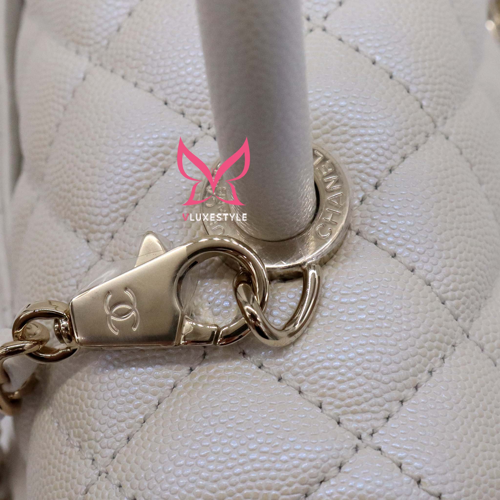 Chanel Coco Handle 20K Iridescent White Quilted Caviar with shiny light  gold hardware