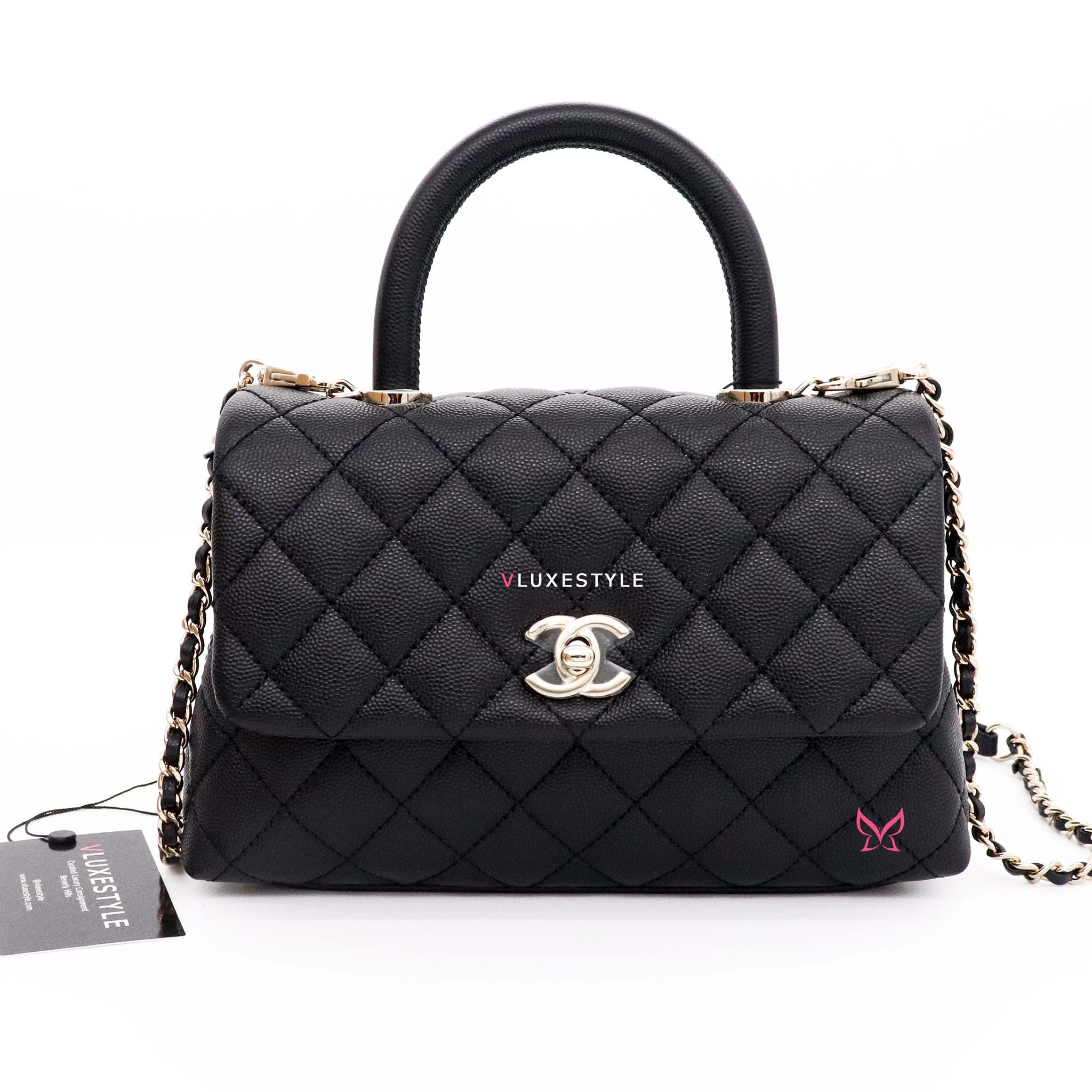 20% Non-refundable deposit to reserve: Chanel Mini Coco Handle 20K Black  Quilted Caviar with light gold hardware