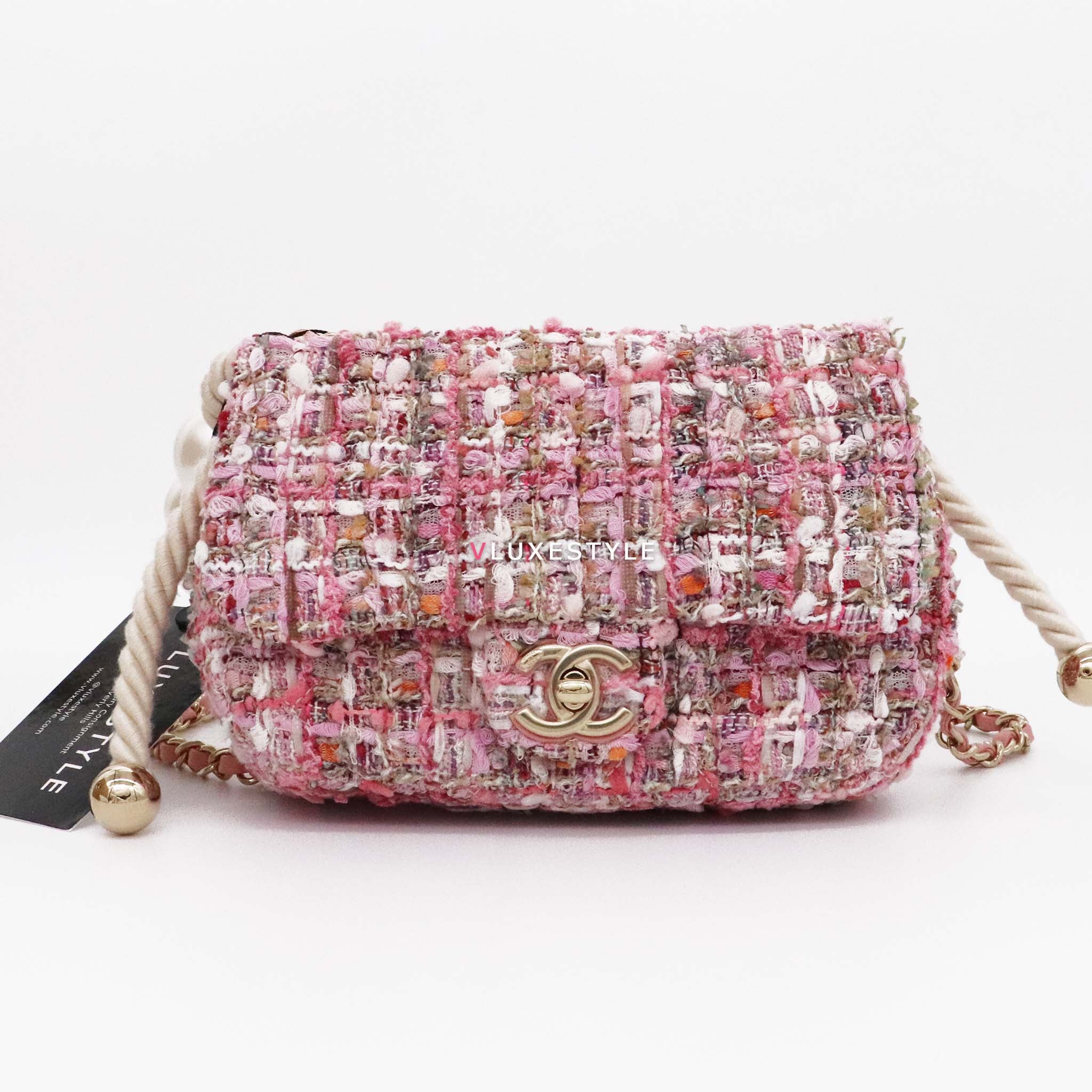 Chanel Mini Flap Pearl Handle Tweed Pink with light gold hardware