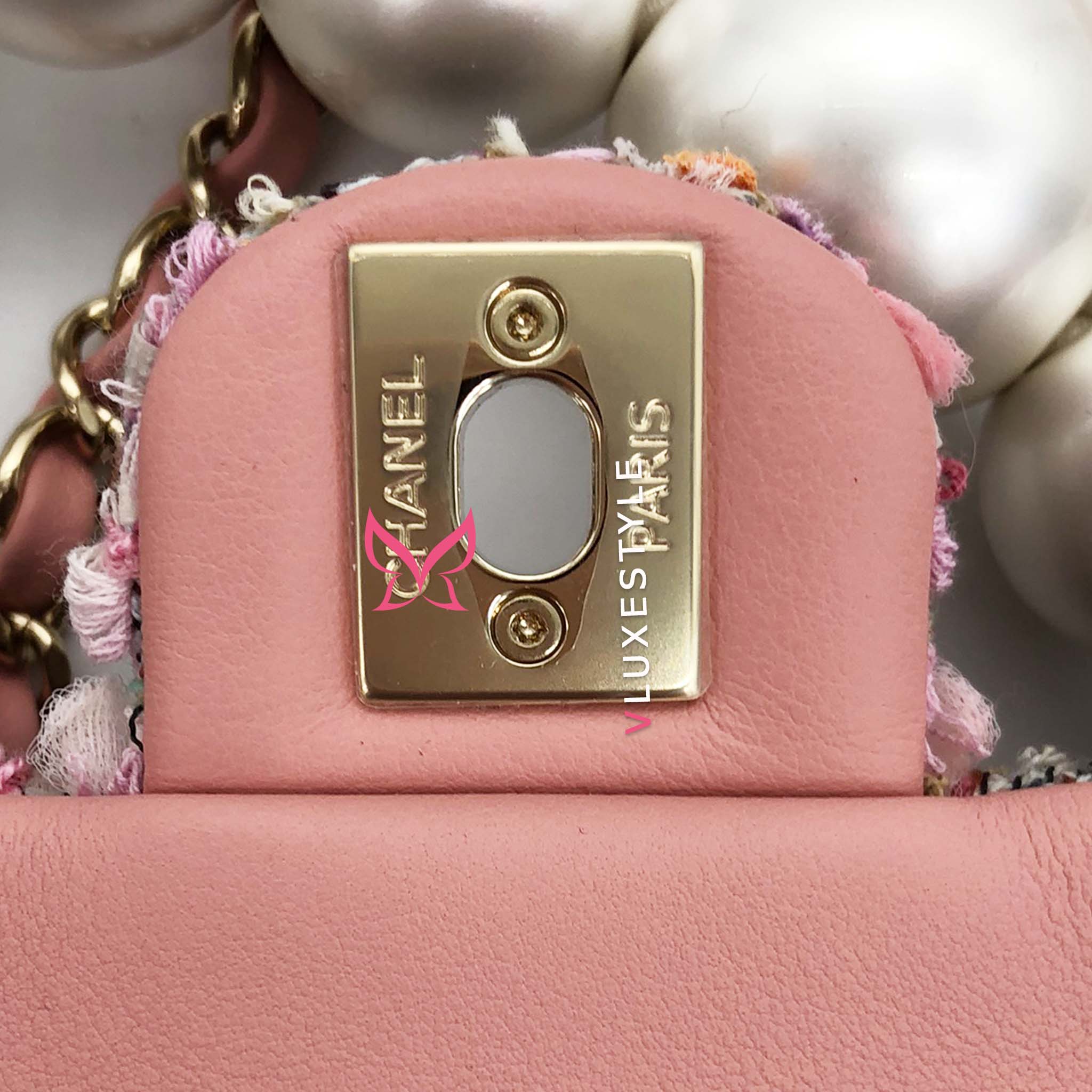 Chanel Mini Flap Pearl Handle Tweed Pink with light gold hardware