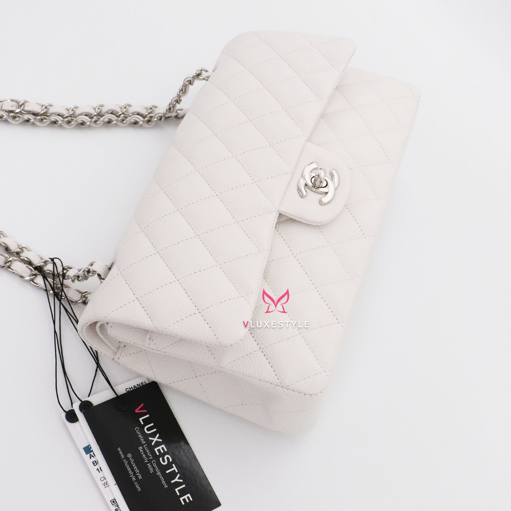 Chanel White Quilted Caviar Medium Classic Double Flap with Silver Chain