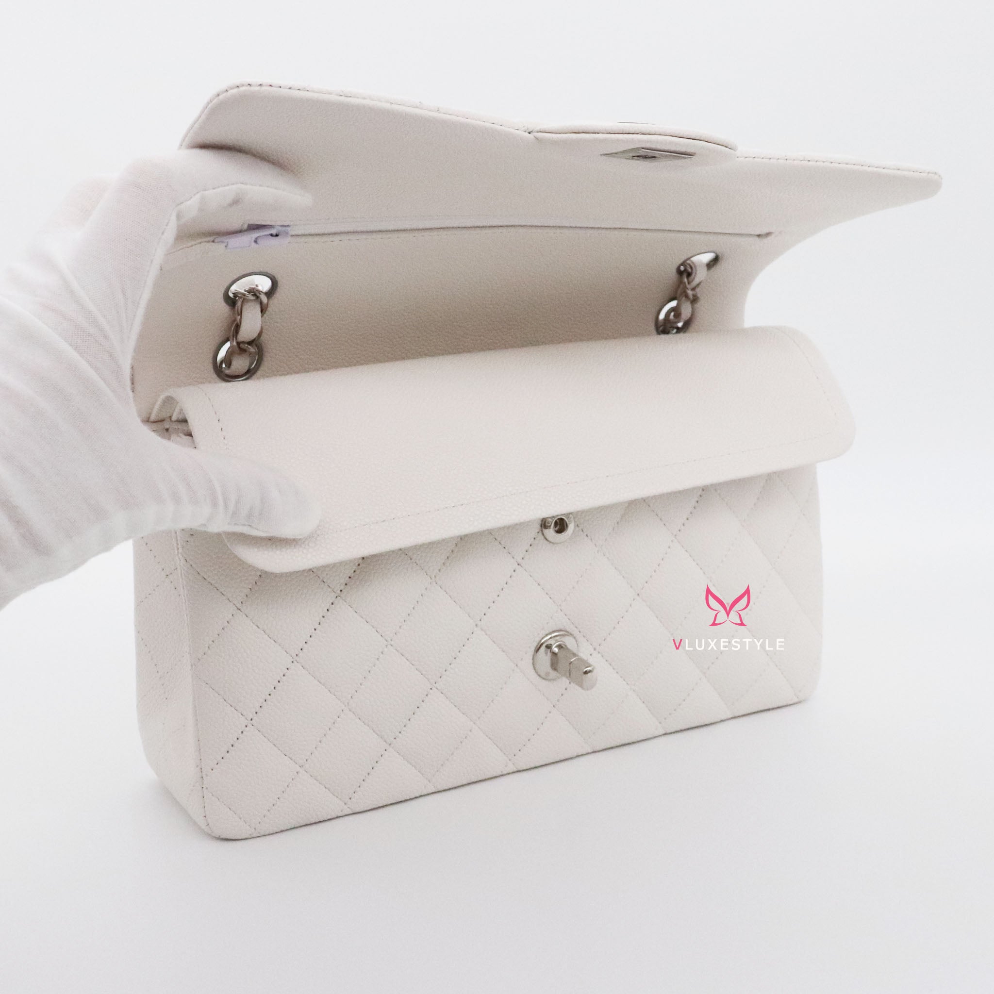 Chanel Classic Medium Double Flap 20B White Quilted Caviar with silver  hardware - VLuxeStyle