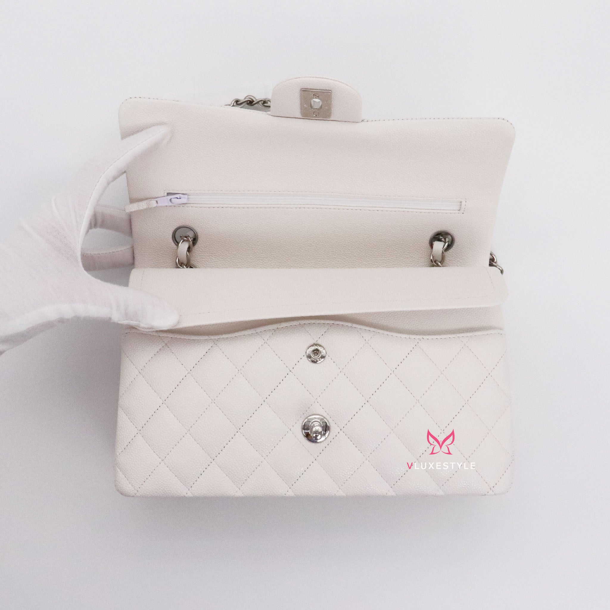 Chanel Classic Double Flap Bag Quilted Caviar Small White 691983