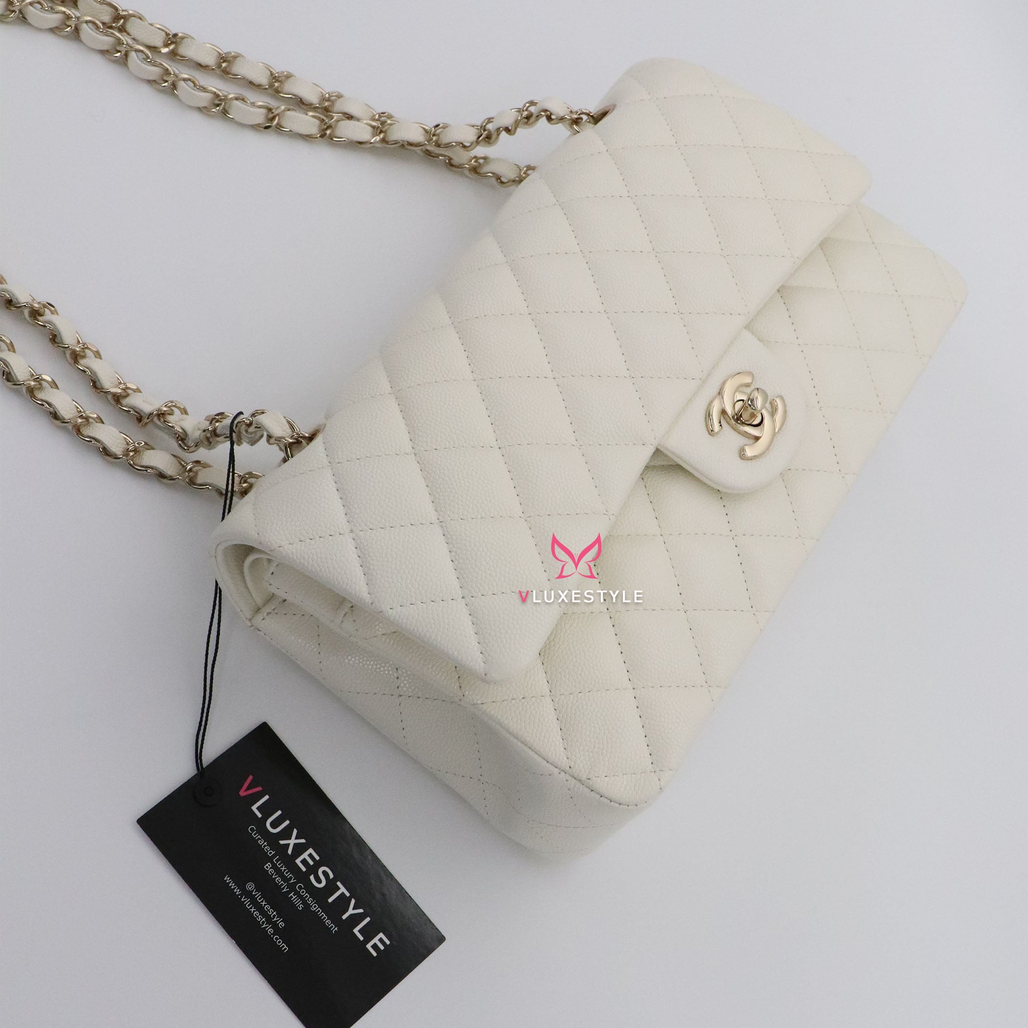 Chanel Classic Medium Double Flap 19C Ivory White Quilted Caviar with light gold  hardware