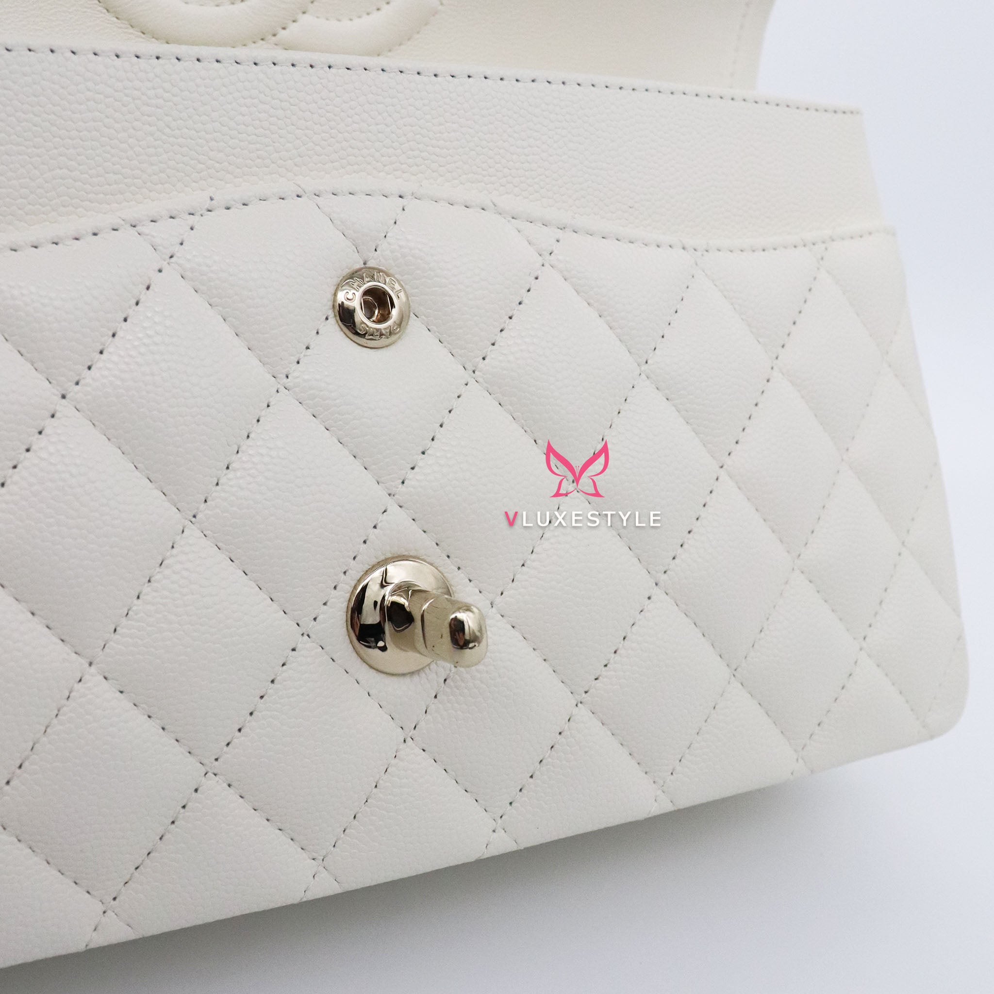 Chanel Classic Medium Double Flap 19C Ivory White Quilted Caviar with light gold  hardware