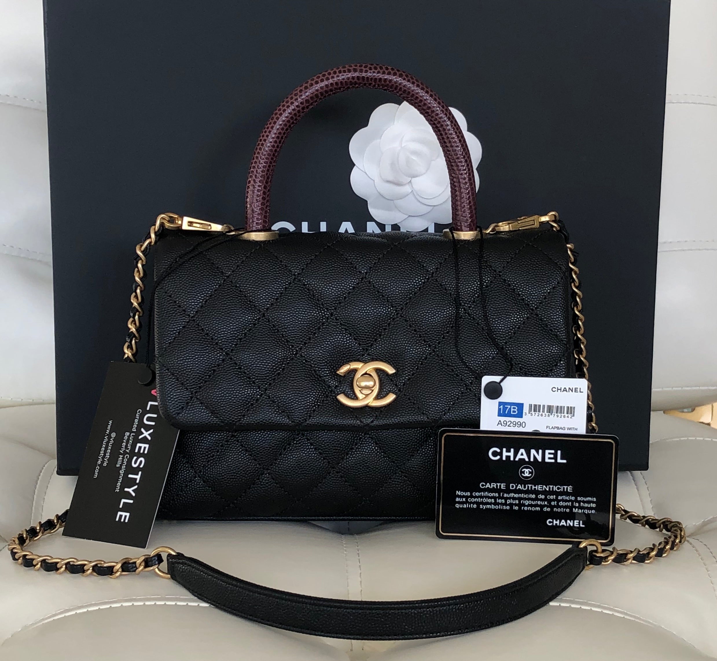Chanel Mini Coco Handle 17B Black Quilted Caviar with Real Burgundy Lizard  Handle with brushed gold hardware