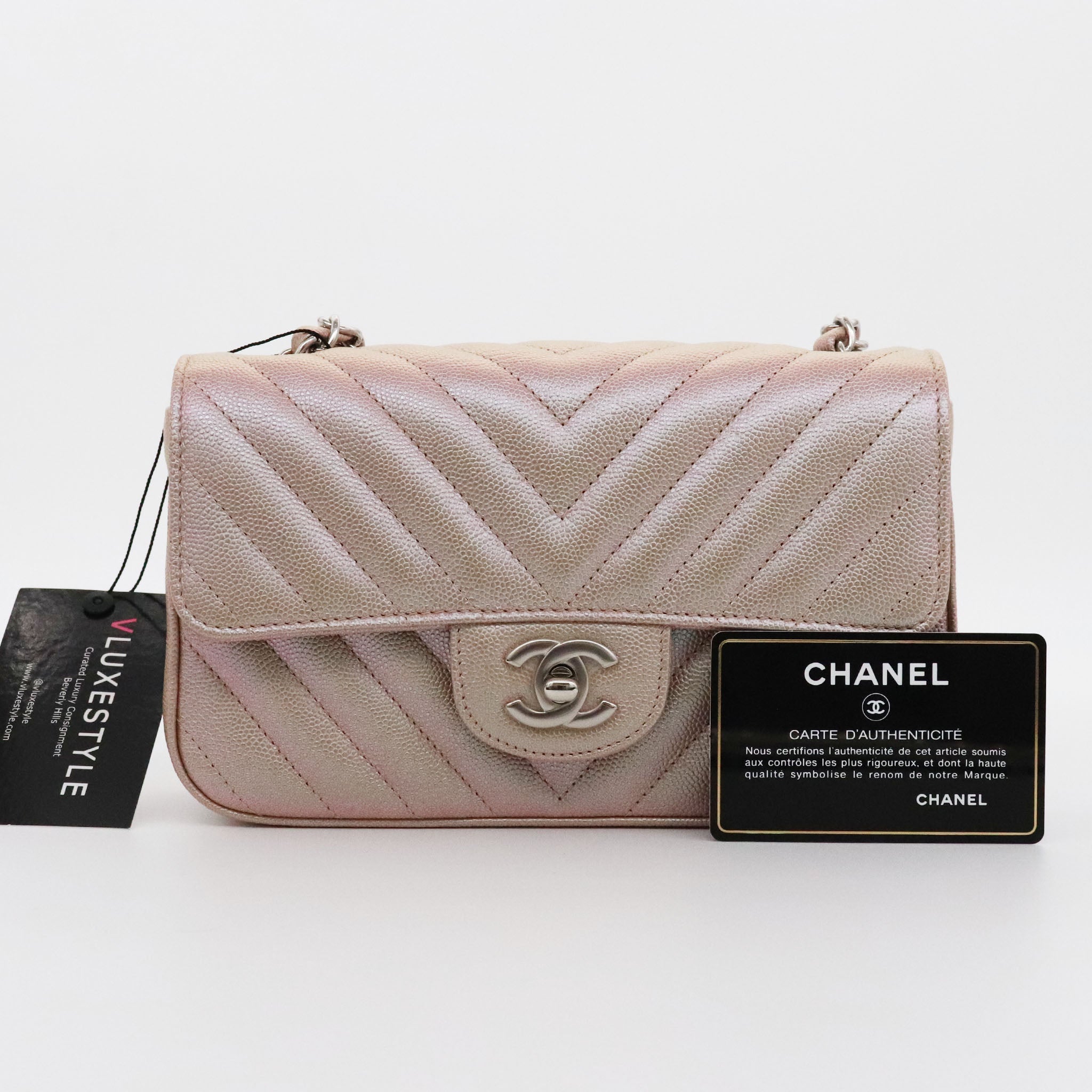 Chanel Classic Mini Rectangular 17B Iridescent Rose Gold Chevron Caviar  with silver hardware