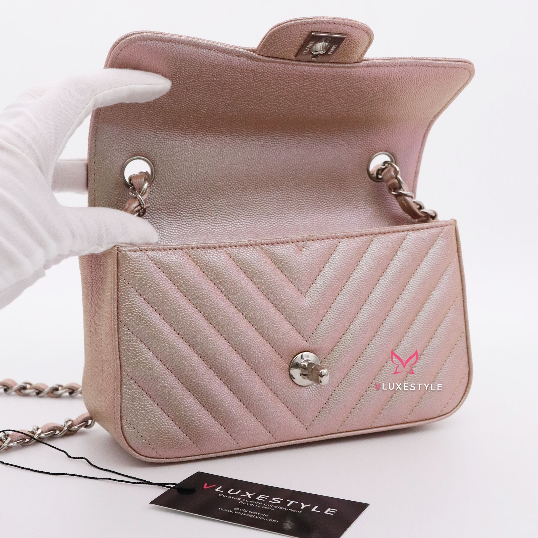 Chanel Classic Mini Rectangular 17B Iridescent Rose Gold Chevron Caviar  with silver hardware