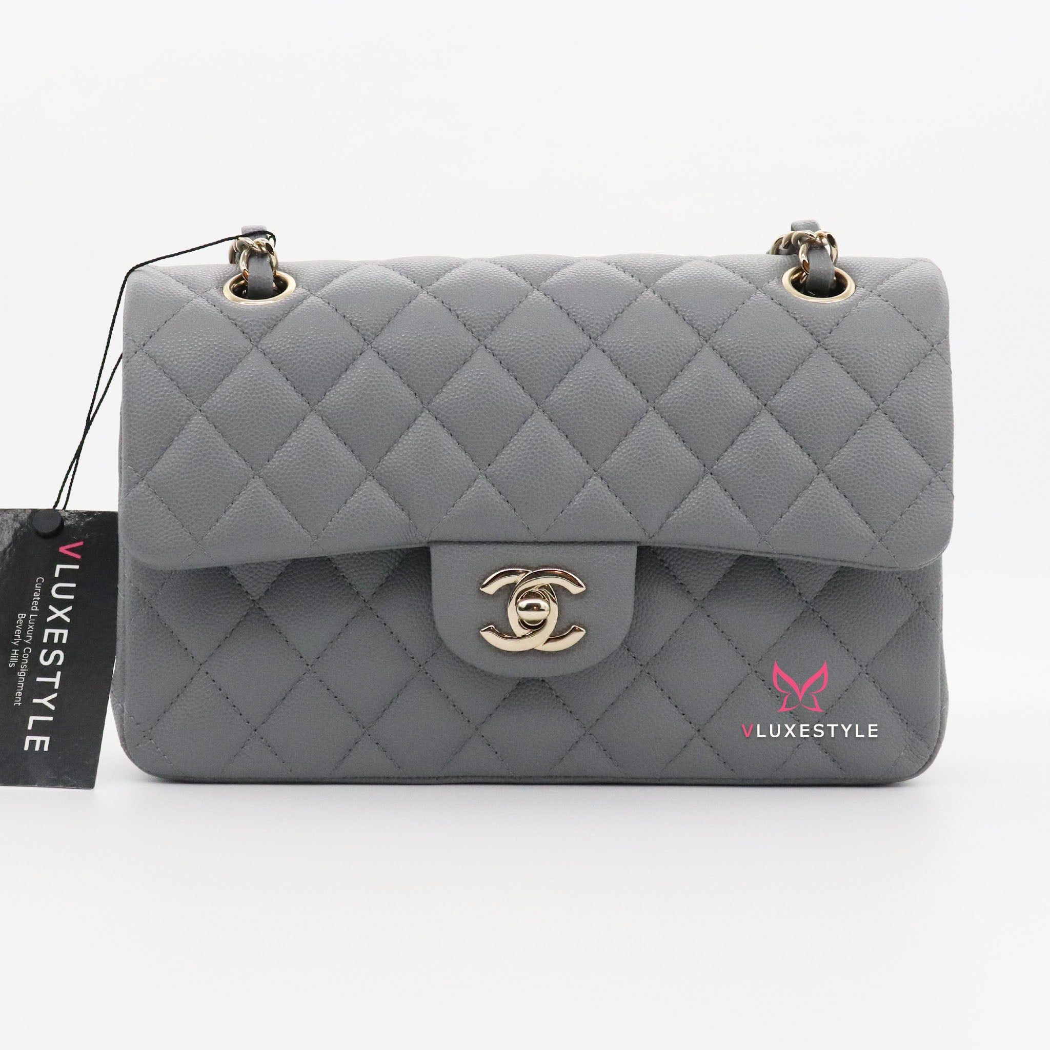 Chanel Classic Small Double Flap 20C Gray/Grey Quilted Caviar with light  gold hardware