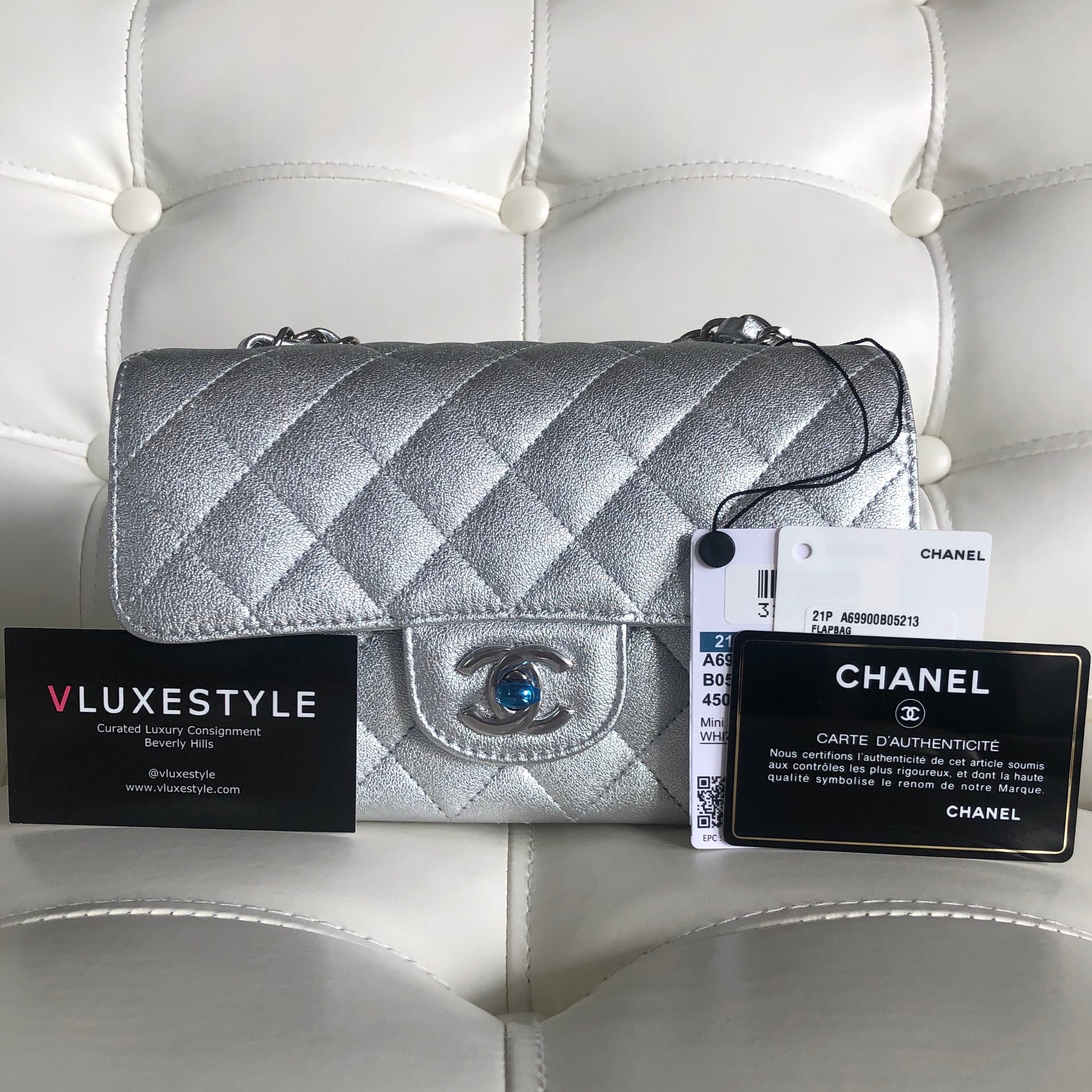 Chanel Classic Mini Rectangular 21P Silver Grained Lambskin with